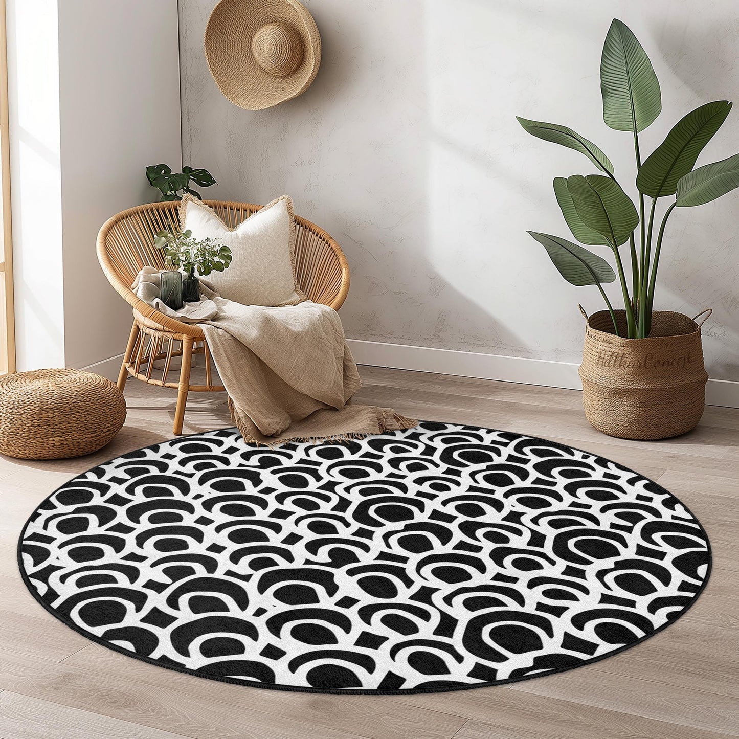 Modern Black and White Circle Area Rug, Stylish Round Carpet, Contemporary Design Rug for Living Room, Bedroom, Home Decor