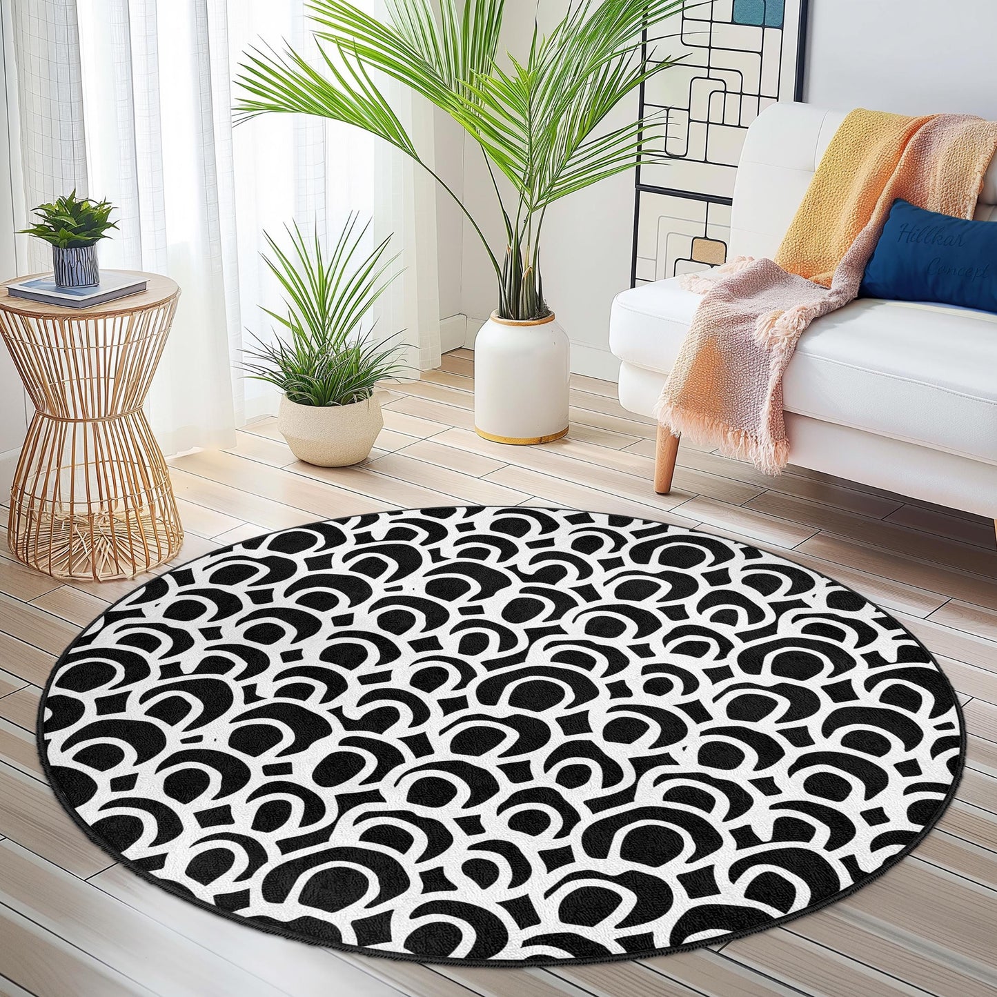 Modern Black and White Circle Area Rug, Stylish Round Carpet, Contemporary Design Rug for Living Room, Bedroom, Home Decor