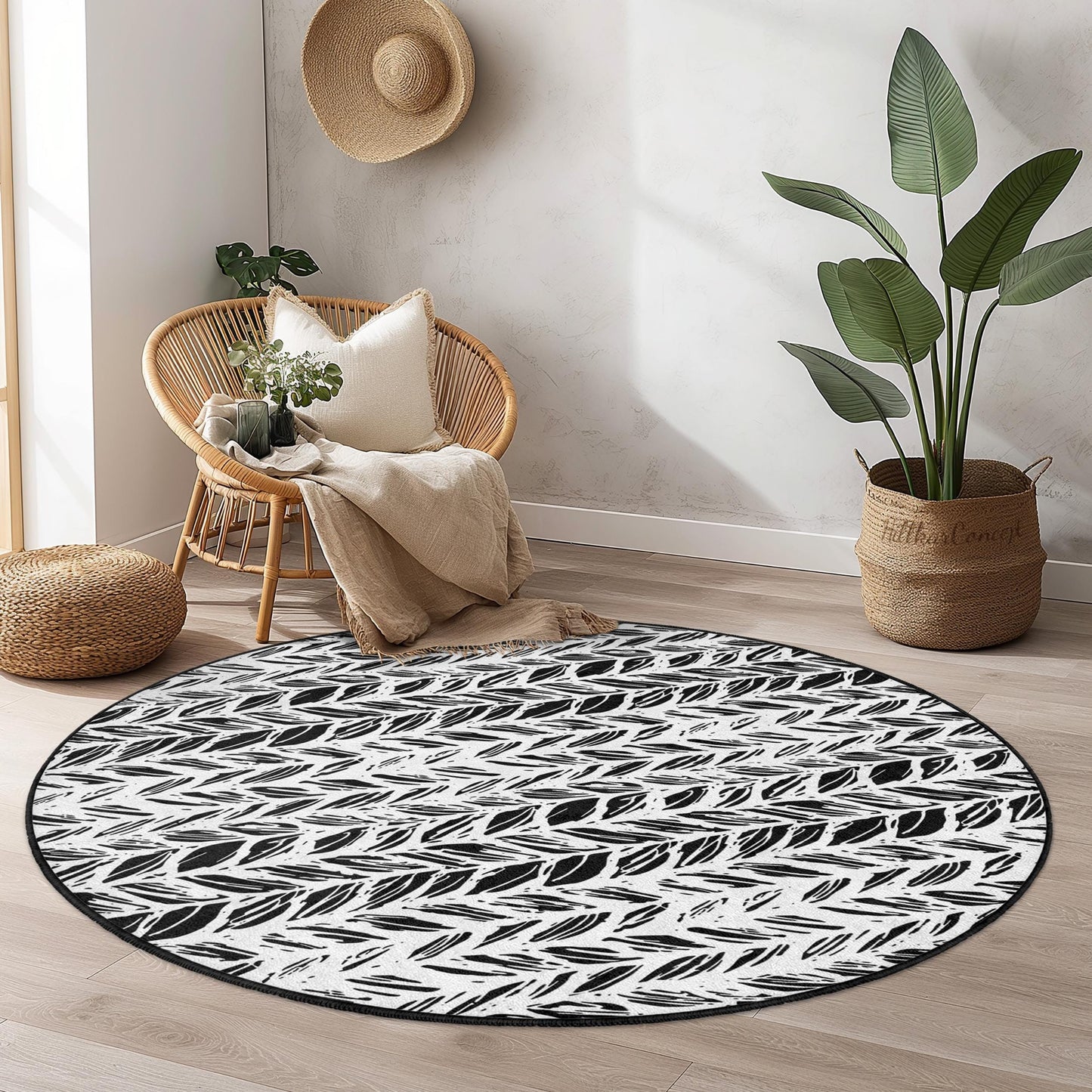 Leaf Pattern Round Area Rug, Modern Round Rug for Living Room, Boho Chic Decor, Soft Round Carpet for Home, Indoor Round Mat