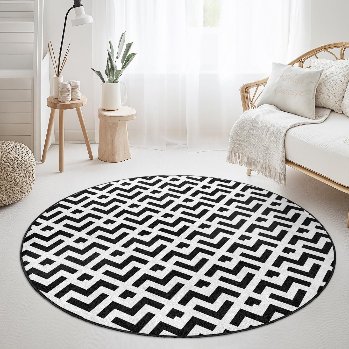 Geometric Black and White Round Area Rug, Modern Boho Rug, Stylish Circle Carpet for Living Room, Bedroom, Home Decor, Area Rug