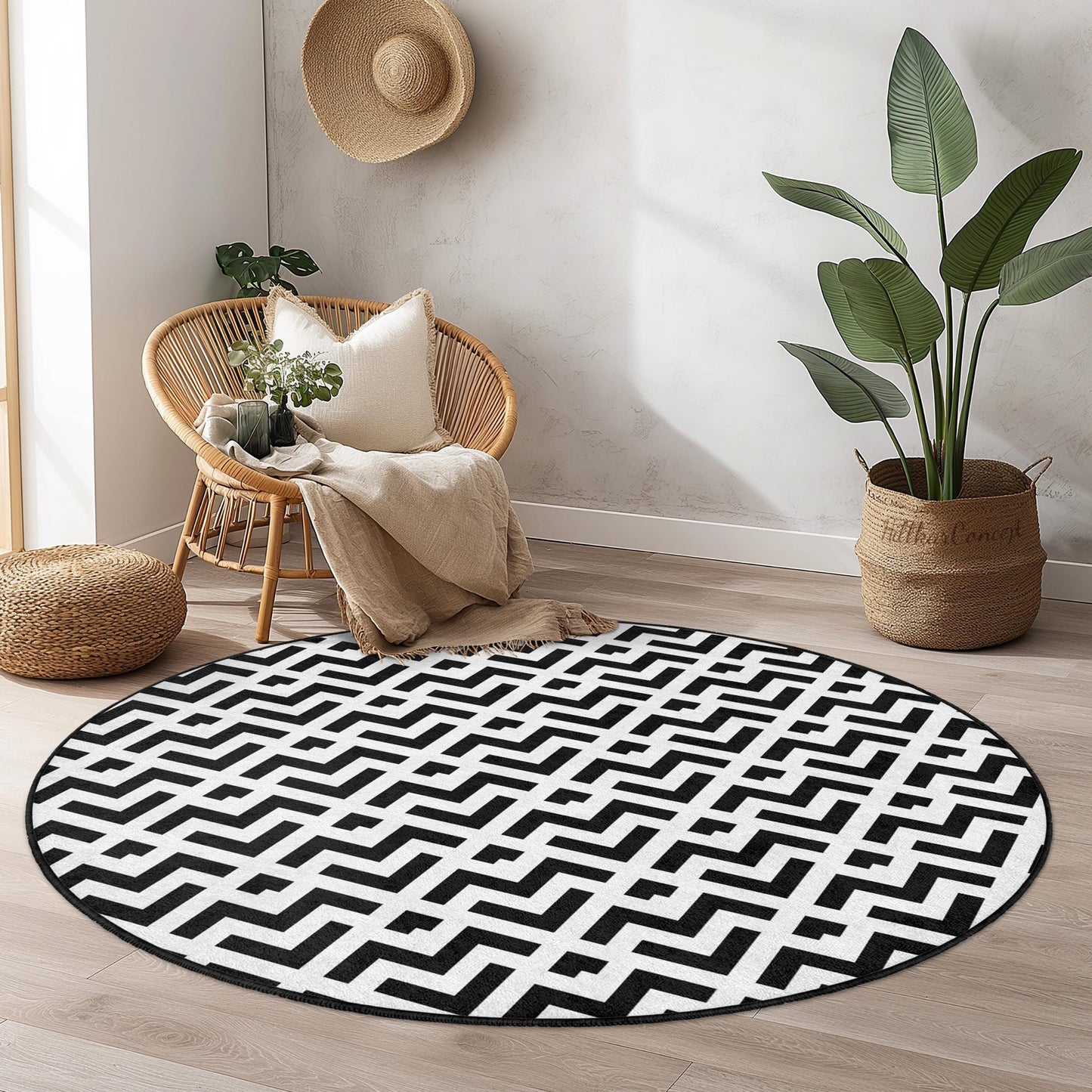 Geometric Black and White Round Area Rug, Modern Boho Rug, Stylish Circle Carpet for Living Room, Bedroom, Home Decor, Area Rug