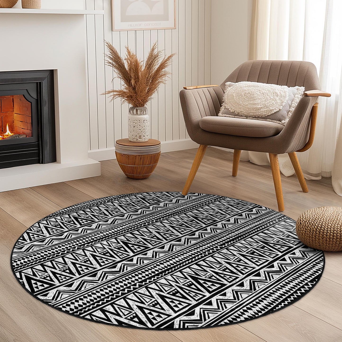 Geometric Pattern Round Area Rug, Black and White Circle Rug, Modern Decor for Living Room, Bedroom, Boho Style Round Rug