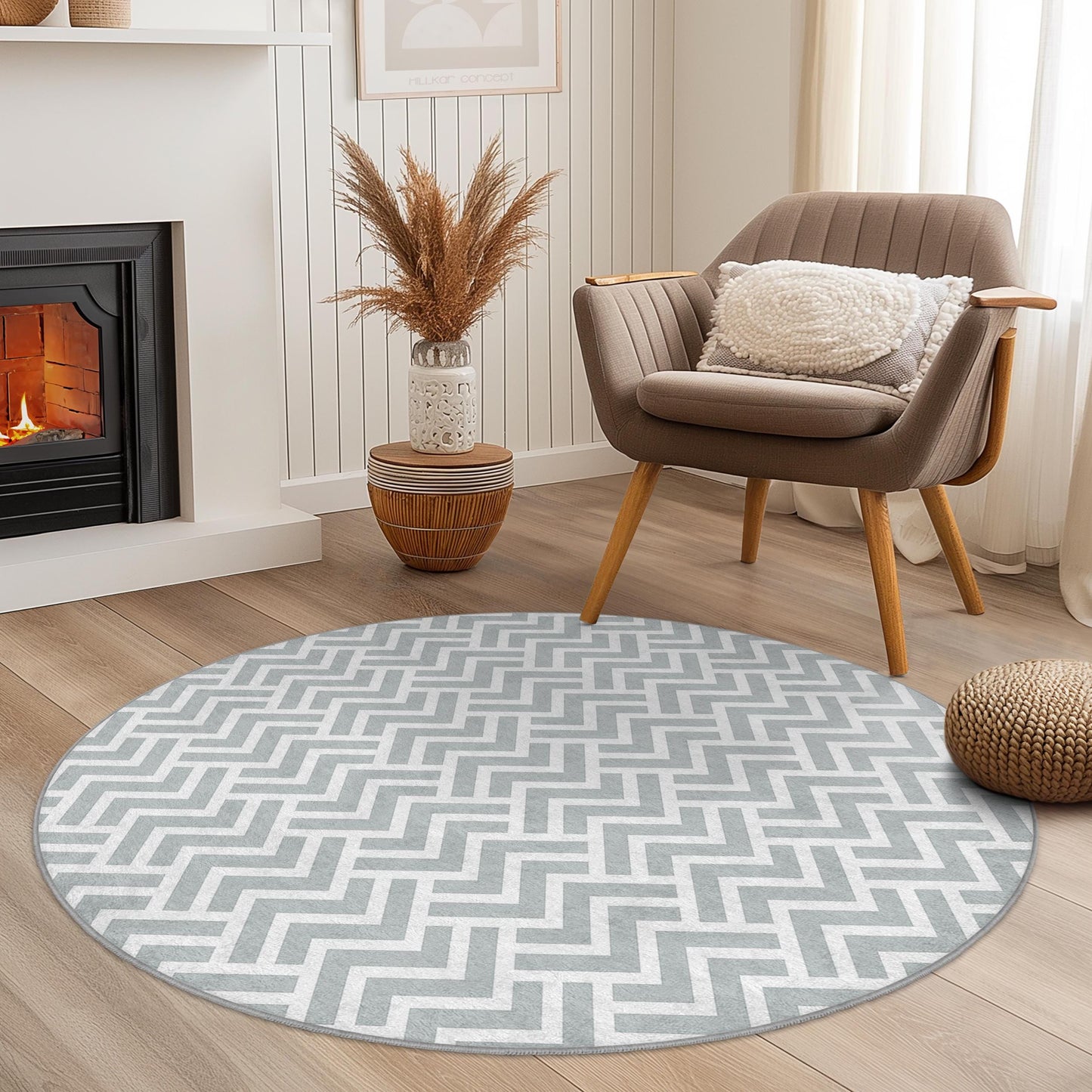Chevron Pattern Round Area Rug, Modern Round Rug for Living Room, Stylish Round Carpet, Soft Grey Round Rug, Decorative Round Rug
