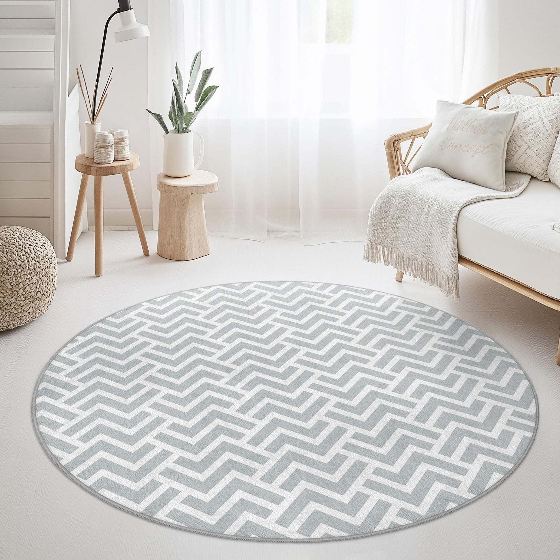 Chevron Pattern Round Area Rug, Modern Round Rug for Living Room, Stylish Round Carpet, Soft Grey Round Rug, Decorative Round Rug