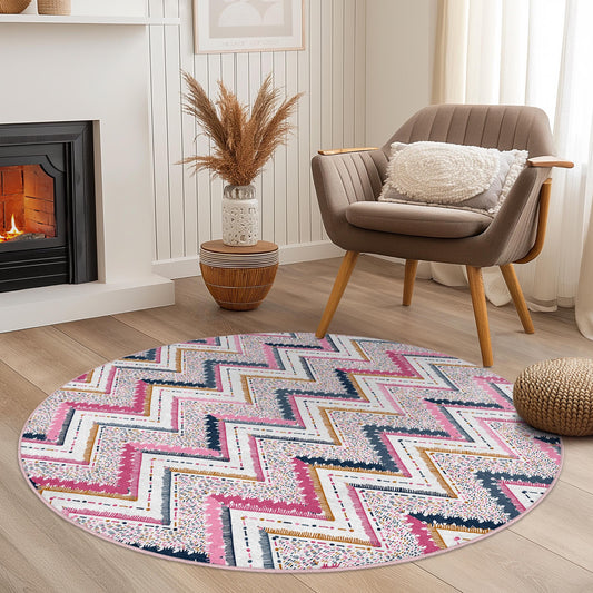 Chevron Pattern Round Area Rug, Colorful Round Carpet, Soft Decorative Rug for Living Room, Bedroom, Nursery Decor