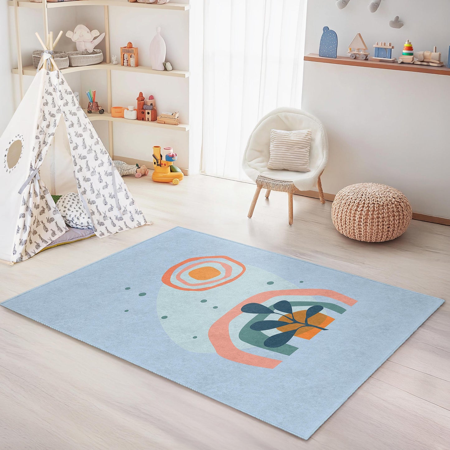 Abstract Rainbow Plant Rectangular Kids Area Rug, Colorful Nursery Carpet, Modern Kids Room Decor, Cozy Playroom Mat