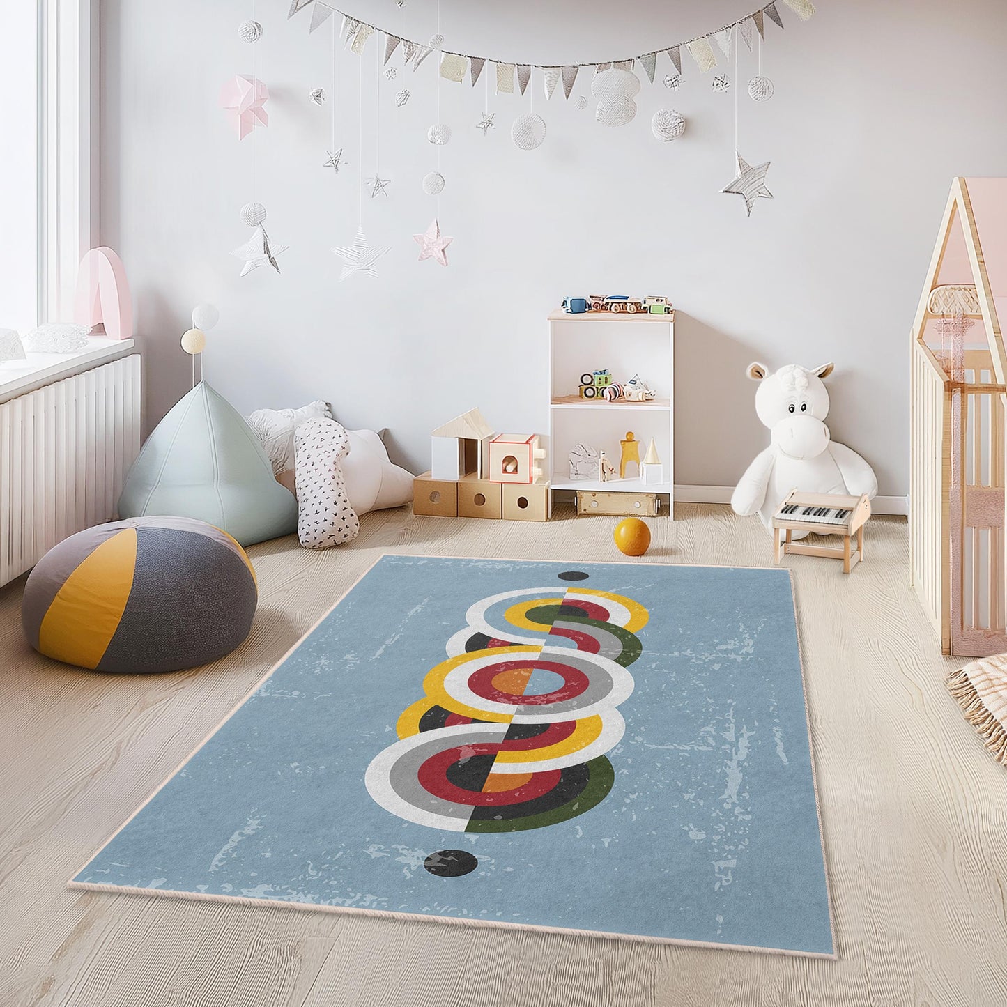 Colorful Geometric Round Pattern Area Rug, Modern Kid's Room Carpet, Rectangular Play Mat, Nursery Decor, Vibrant Children's Rug