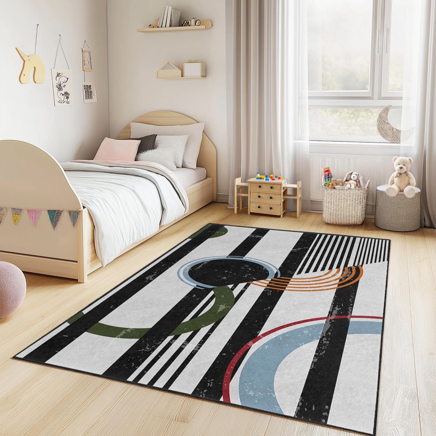 Geometric Pattern Rectangular Kids Rug, Modern Striped Area Rug, Colorful Playroom Carpet, Unique Nursery Decor