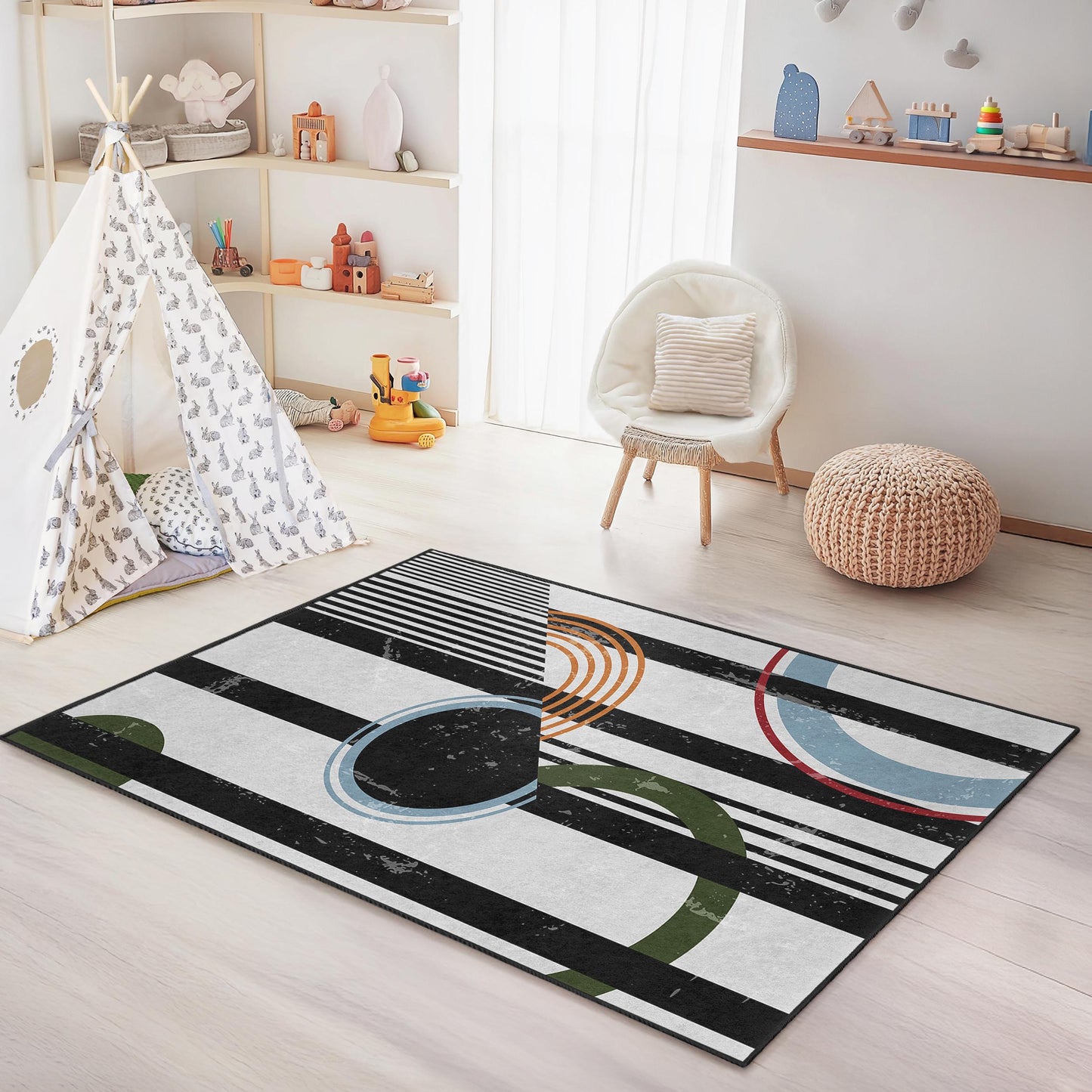 Geometric Pattern Rectangular Kids Rug, Modern Striped Area Rug, Colorful Playroom Carpet, Unique Nursery Decor