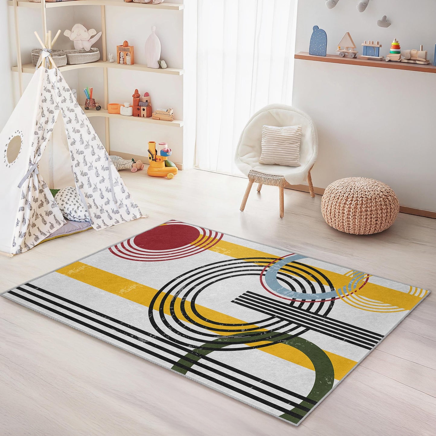Geometric Circle Design Kids Rug, Colorful Rectangular Play Mat, Modern Nursery Decor, Playroom Carpet, Child's Room Rug
