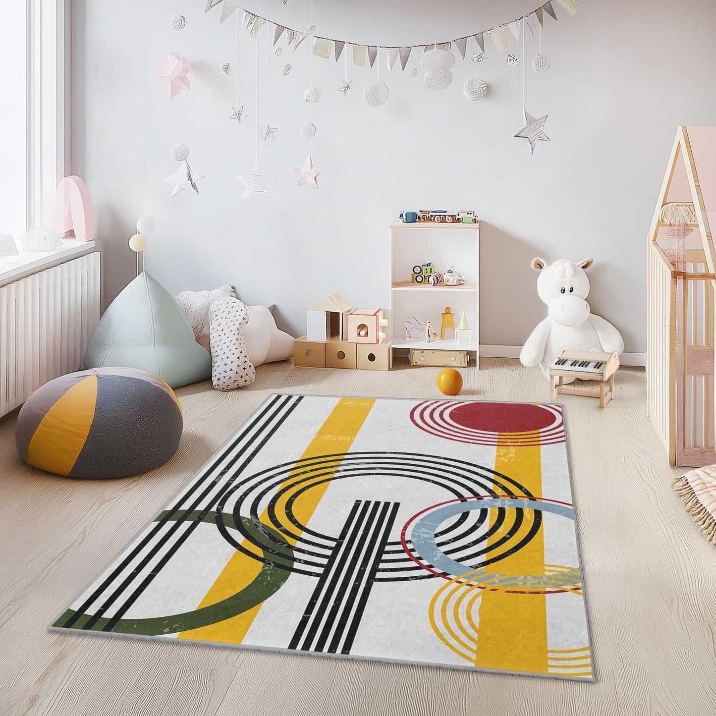 Geometric Circle Design Kids Rug, Colorful Rectangular Play Mat, Modern Nursery Decor, Playroom Carpet, Child's Room Rug