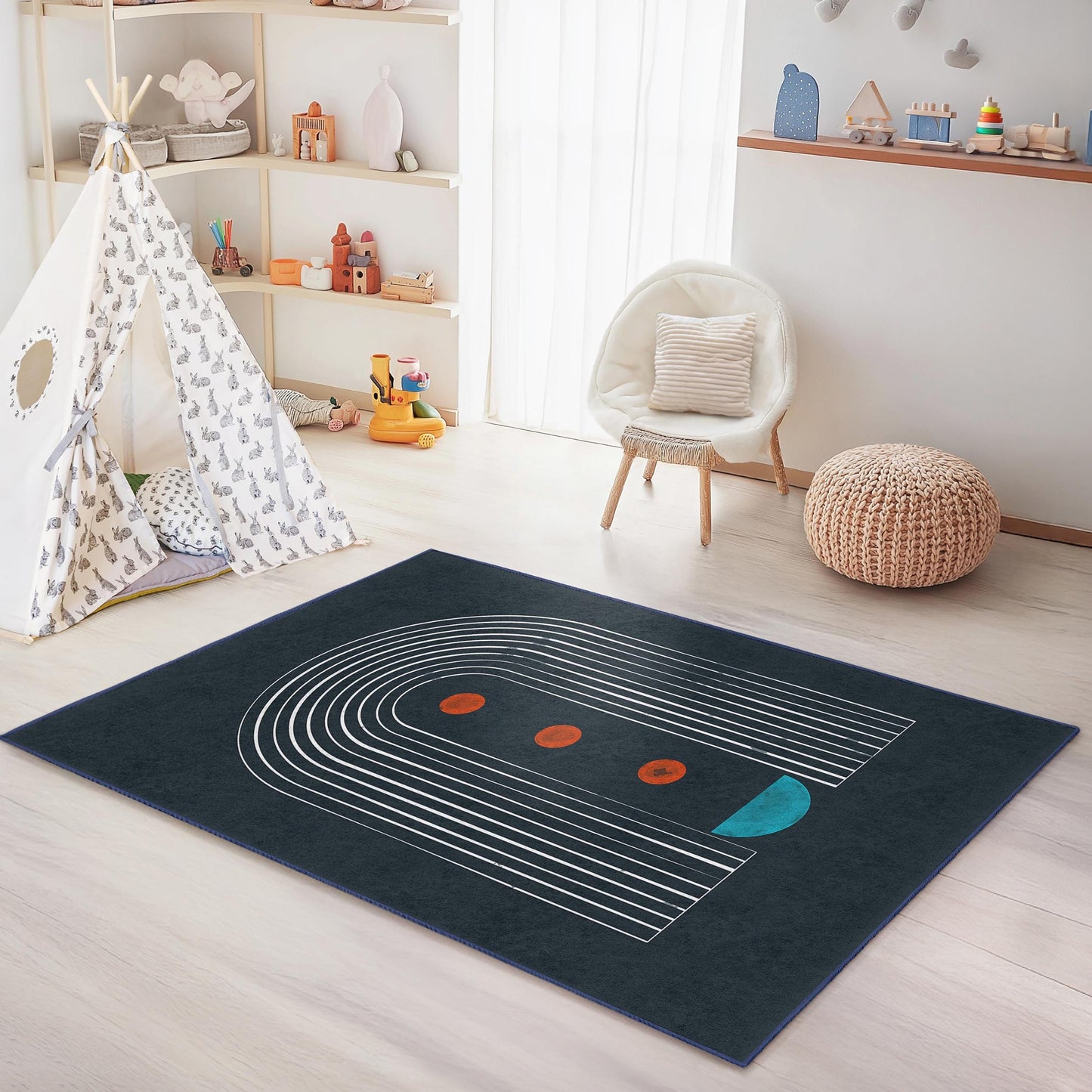 Geometric Rainbow Pattern Kids Rectangle Rug, Modern Nursery Decor, Colorful Playroom Carpet, Stylish Children's Room Rug
