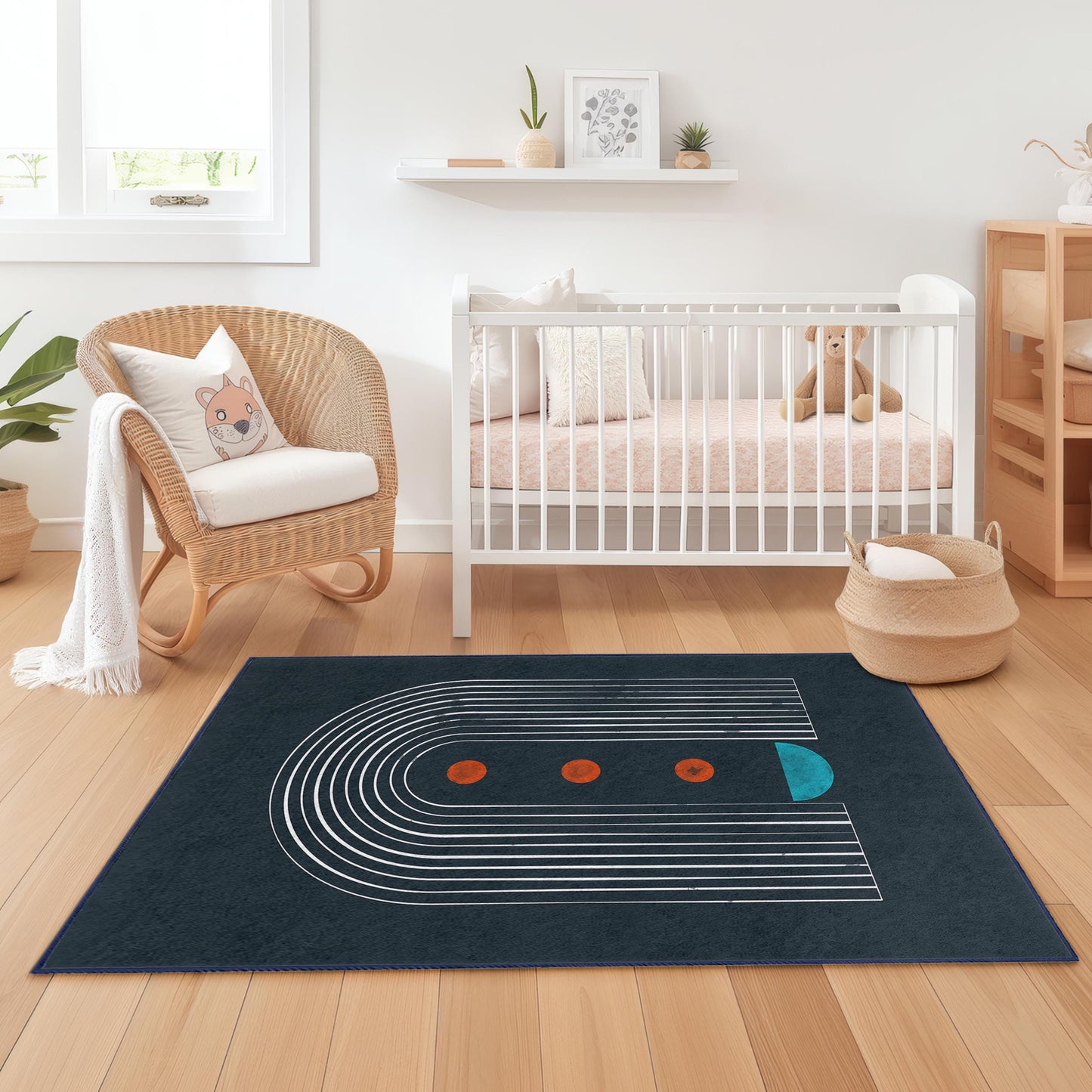 Geometric Rainbow Pattern Kids Rectangle Rug, Modern Nursery Decor, Colorful Playroom Carpet, Stylish Children's Room Rug