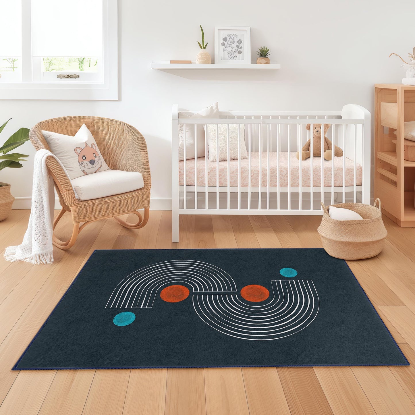 Geometric Lines Rectangular Kids Rug, Modern Design Playroom Carpet, Stylish Nursery Decor, Colorful Patterned Area Rug