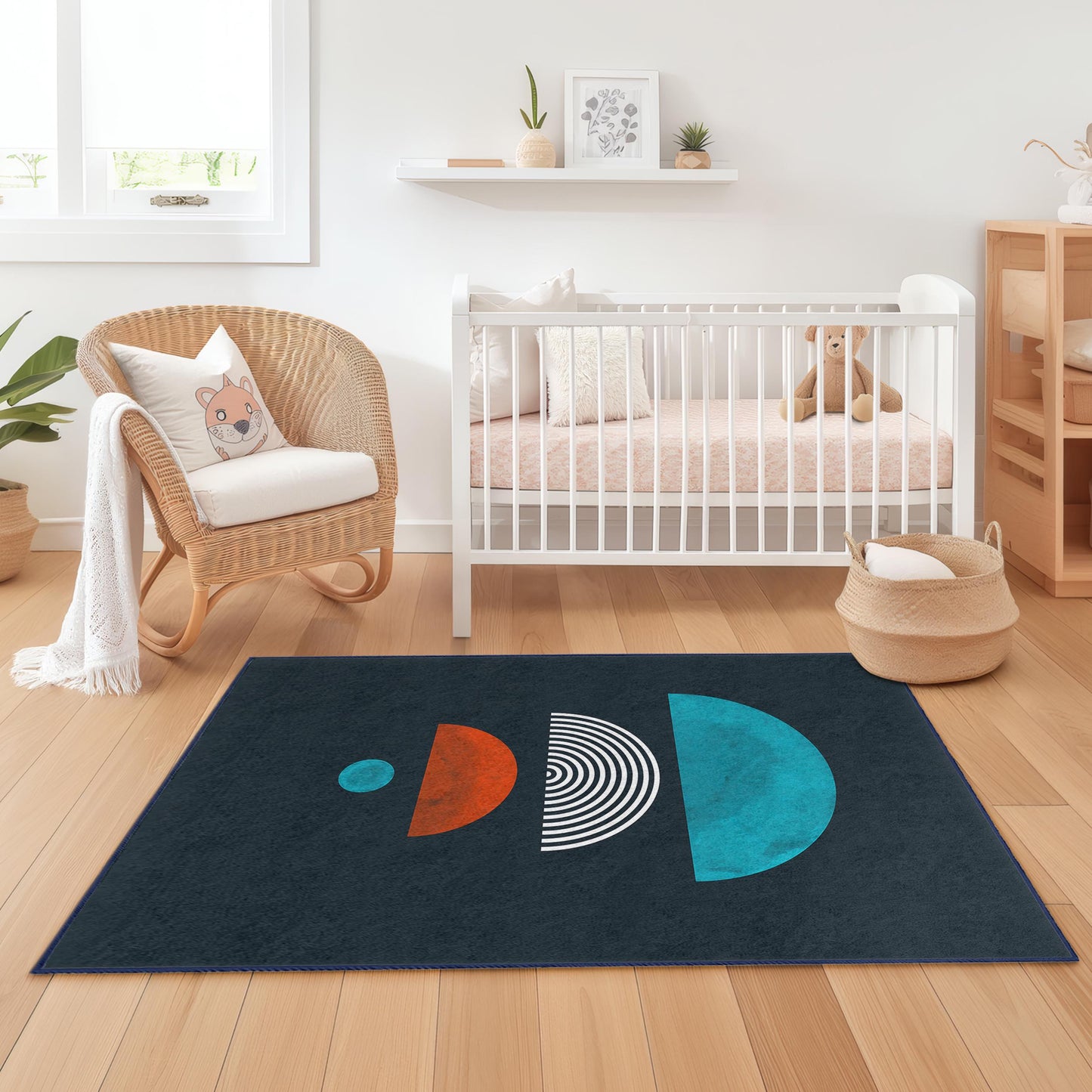 Geometric Pattern Kids Rectangle Rug, Colorful Shapes Area Rug, Modern Nursery Carpet, Playroom Decor, Unique Childrens Rug