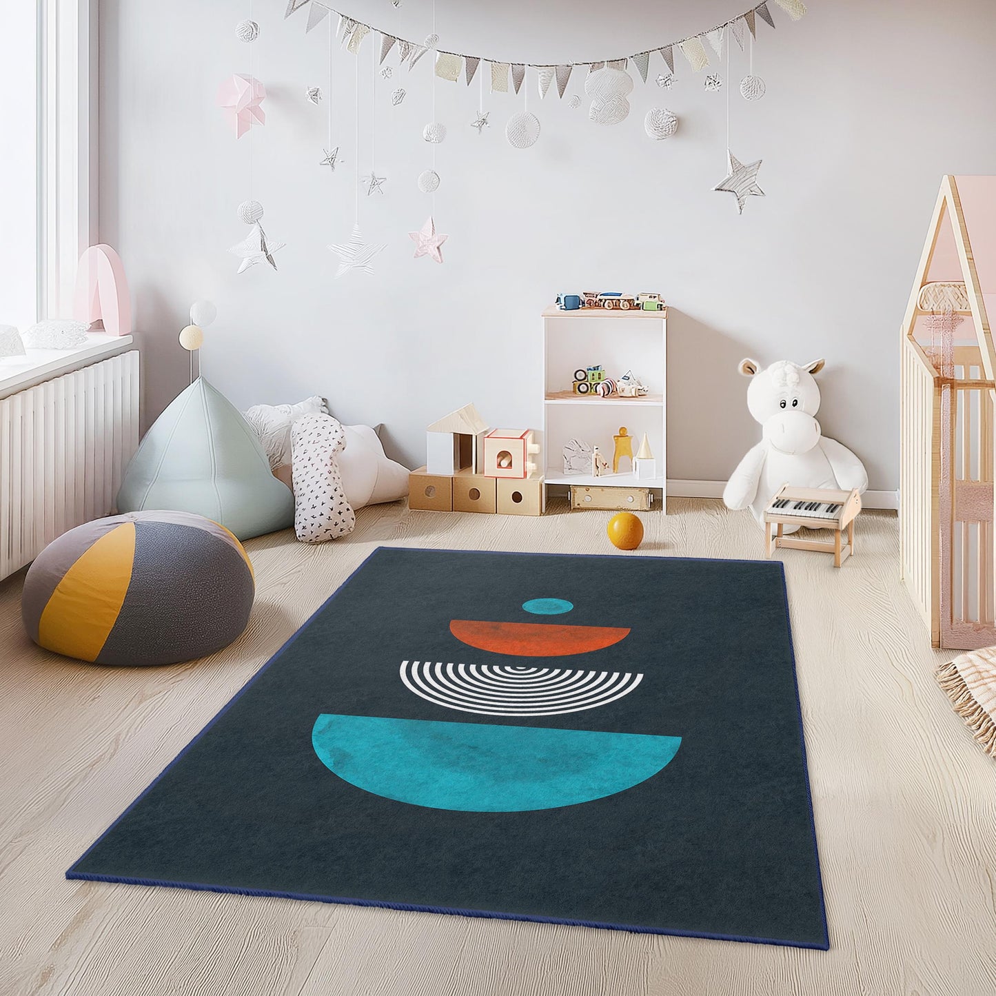 Geometric Pattern Kids Rectangle Rug, Colorful Shapes Area Rug, Modern Nursery Carpet, Playroom Decor, Unique Childrens Rug