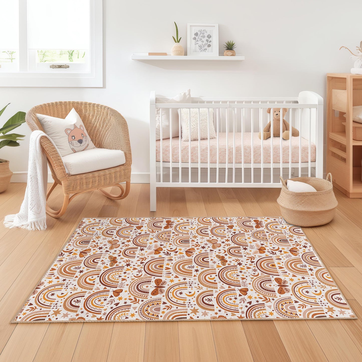 Rainbow and Butterfly Kids Area Rug, Rectangular Playroom Carpet, Colorful Nursery Decor, Soft Fabric Kids Rug, Autumn Theme Design