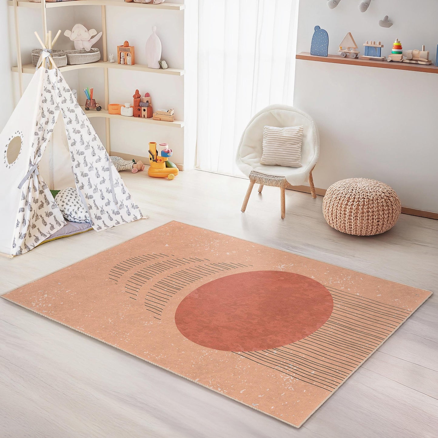 Abstract Circle Pattern Rectangular Kids Rug, Modern Nursery Carpet, Stylish Playroom Decor, Soft Childrens Rug, Geometric Design Rug