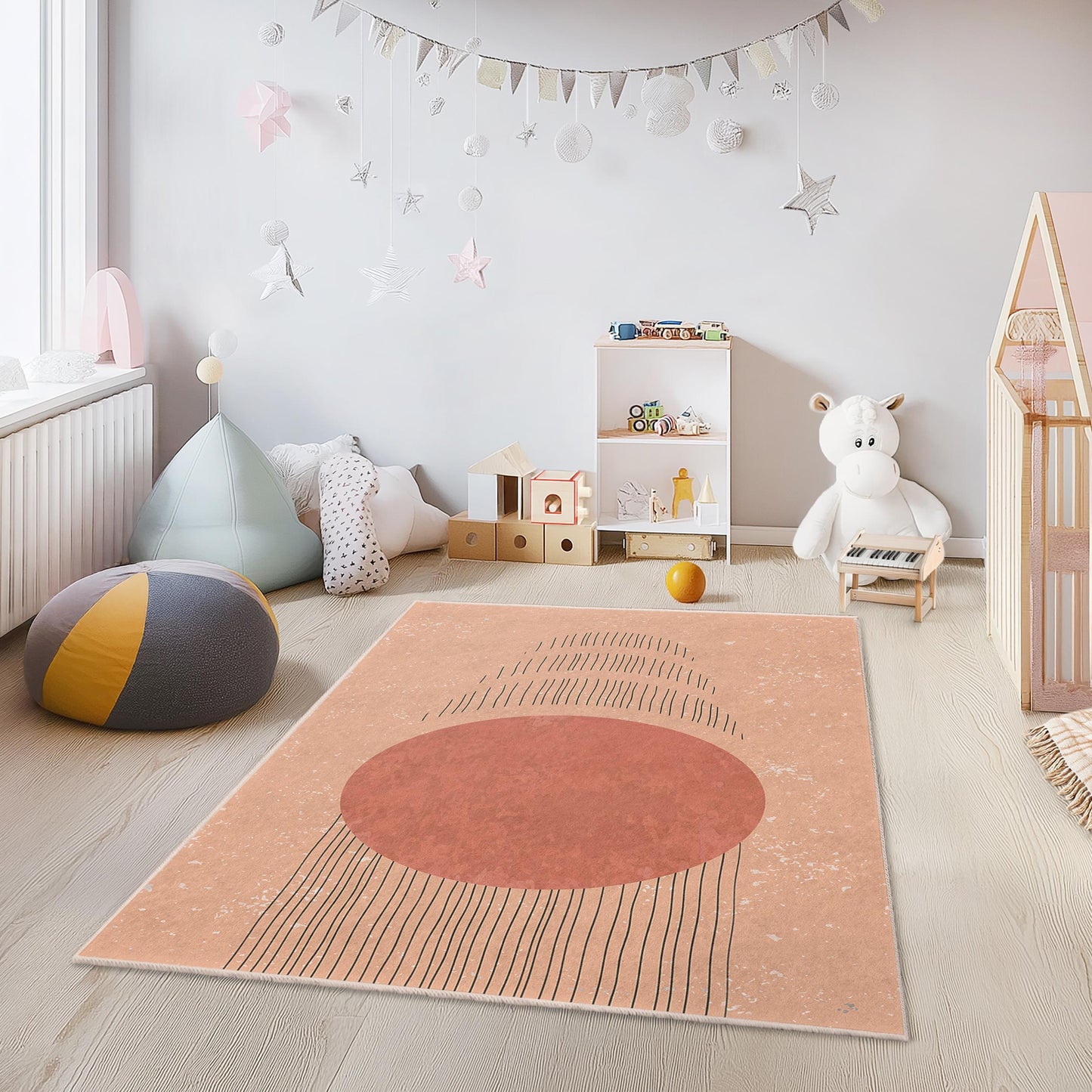 Abstract Circle Pattern Rectangular Kids Rug, Modern Nursery Carpet, Stylish Playroom Decor, Soft Childrens Rug, Geometric Design Rug