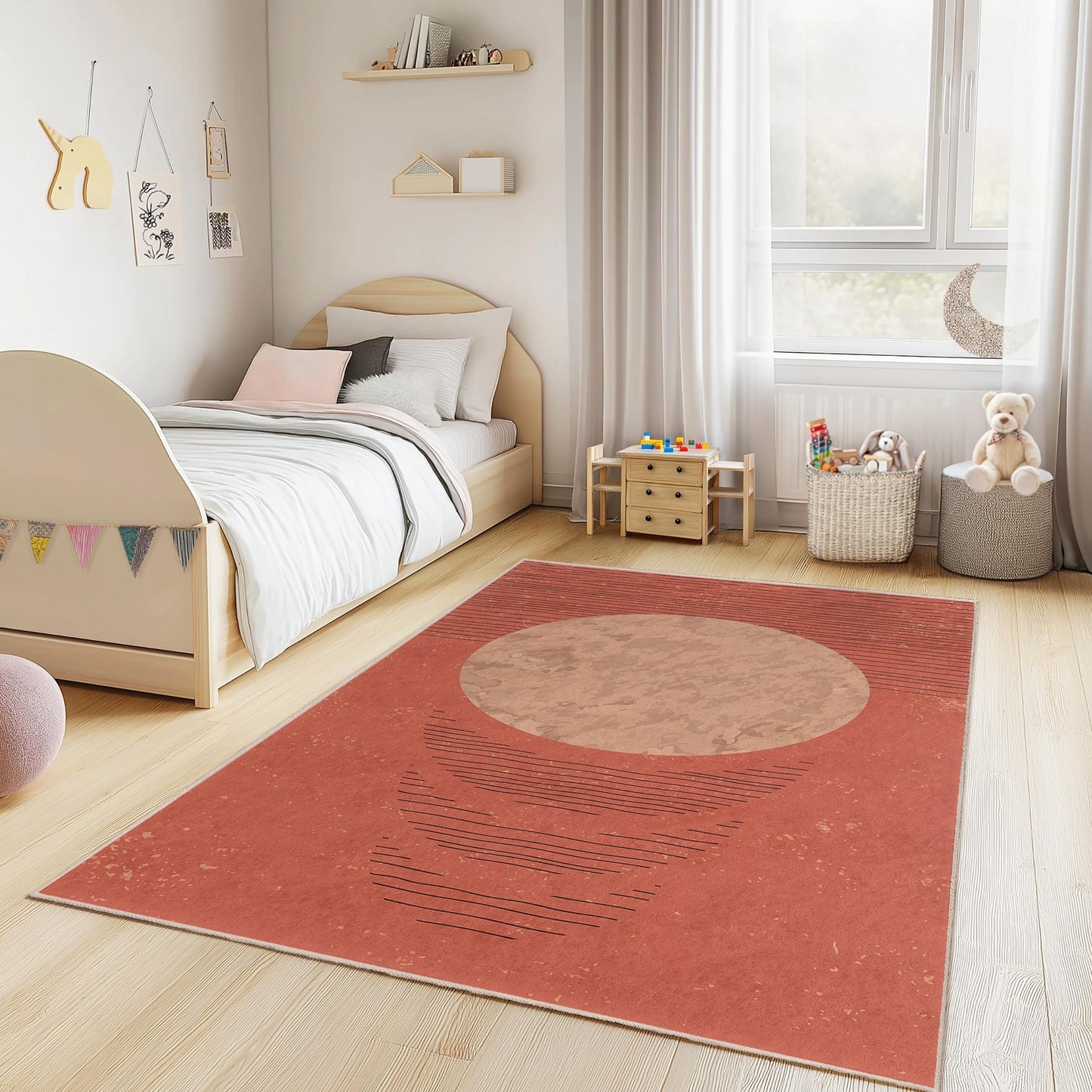 Abstract Circle Design Area Rug, Modern Rectangular Kids Room Carpet, Boho Style Nursery Decor, Soft and Cozy Play Mat