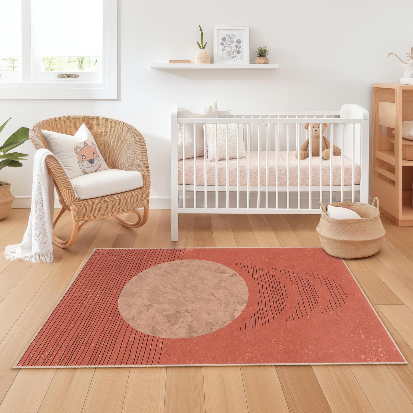 Abstract Circle Design Area Rug, Modern Rectangular Kids Room Carpet, Boho Style Nursery Decor, Soft and Cozy Play Mat