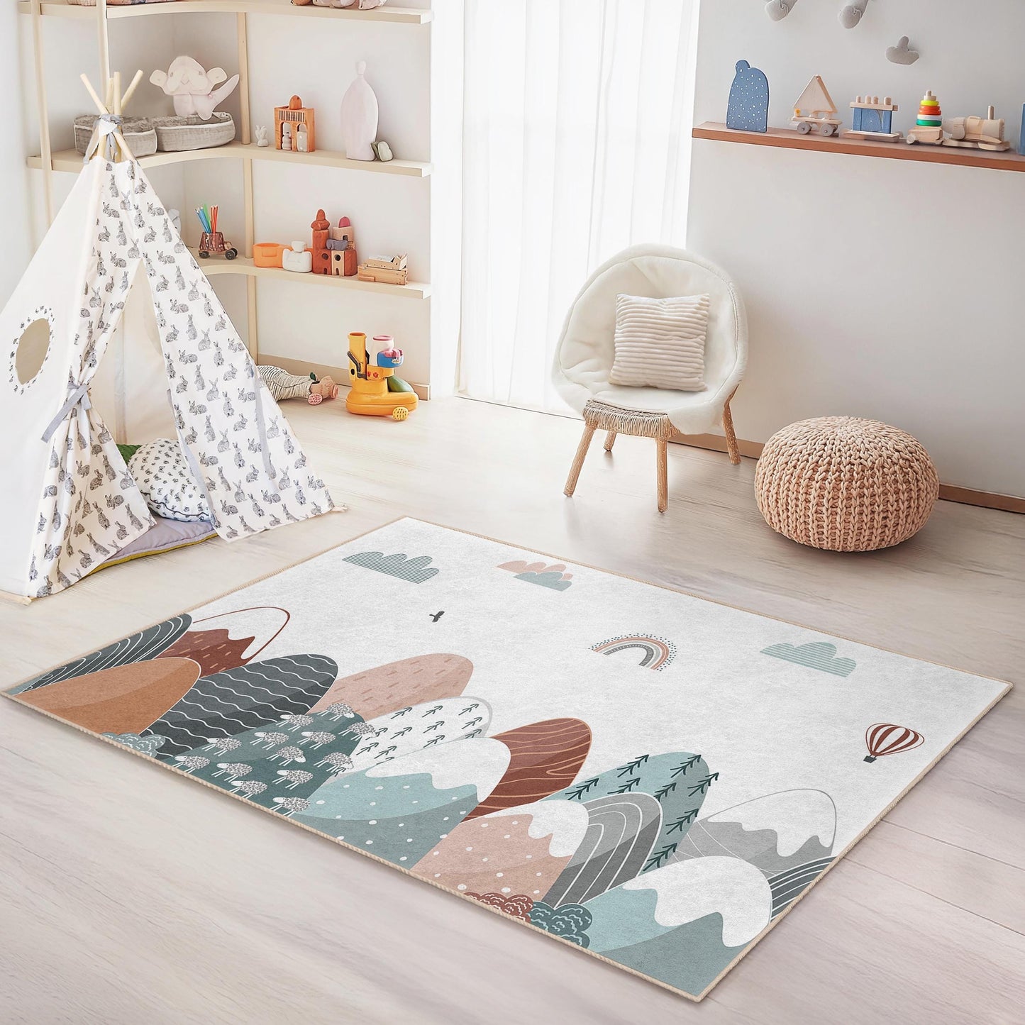 Mountain Landscape Kids Room Rug, Rectangular Playroom Carpet, Soft Nursery Decor, Stylish Kids Rug, Nature Inspired Design