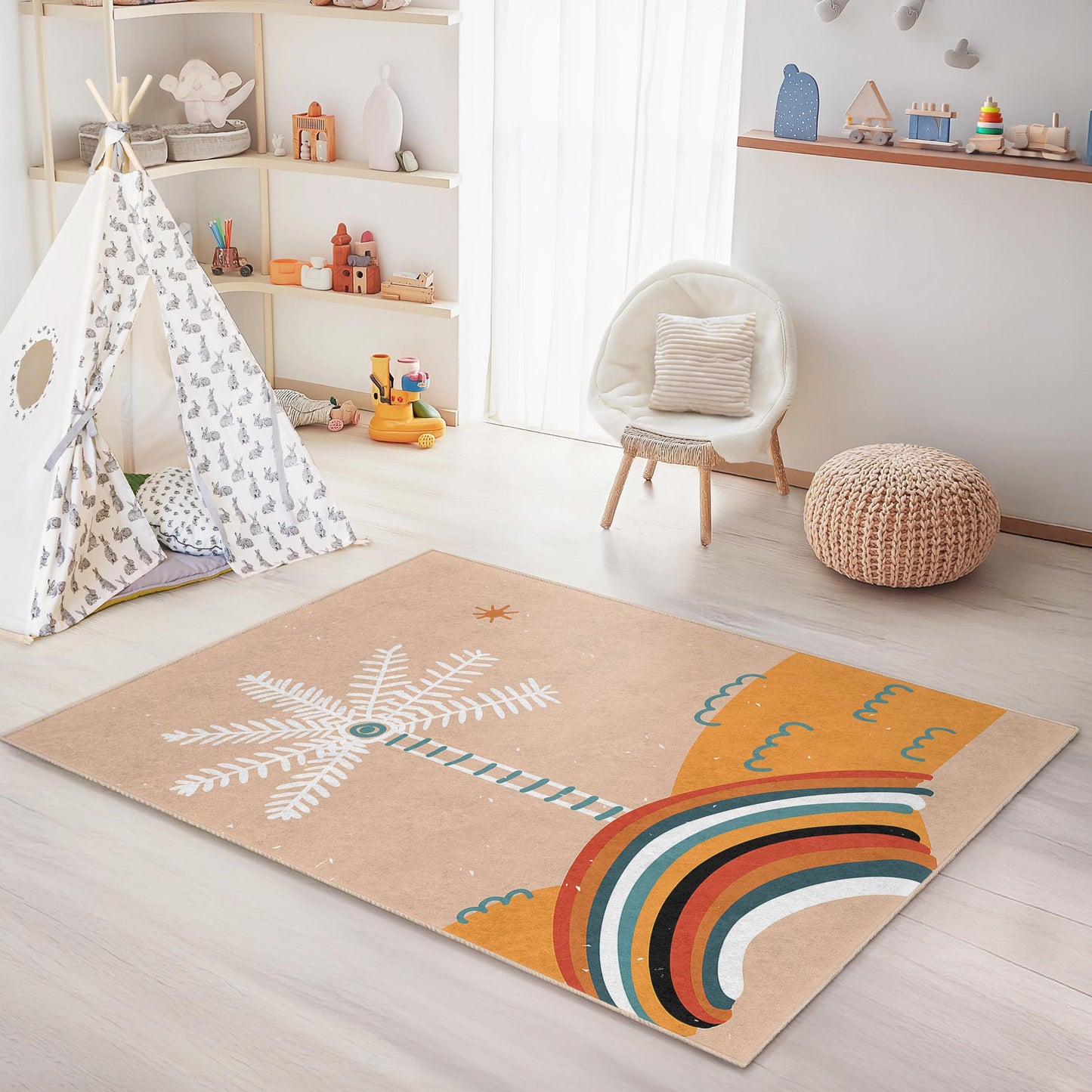 Rainbow Palm Tree Kids Rug, Colorful Tropical Nursery Carpet, Rectangular Playroom Mat, Childrens Room Decor, Vibrant Kids Rug