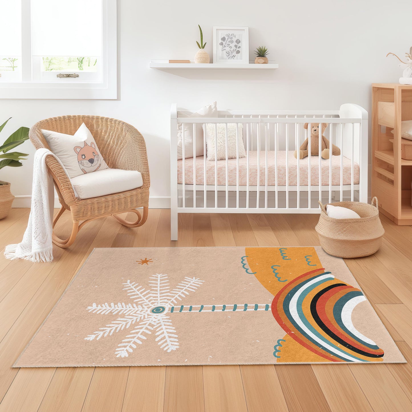 Rainbow Palm Tree Kids Rug, Colorful Tropical Nursery Carpet, Rectangular Playroom Mat, Childrens Room Decor, Vibrant Kids Rug