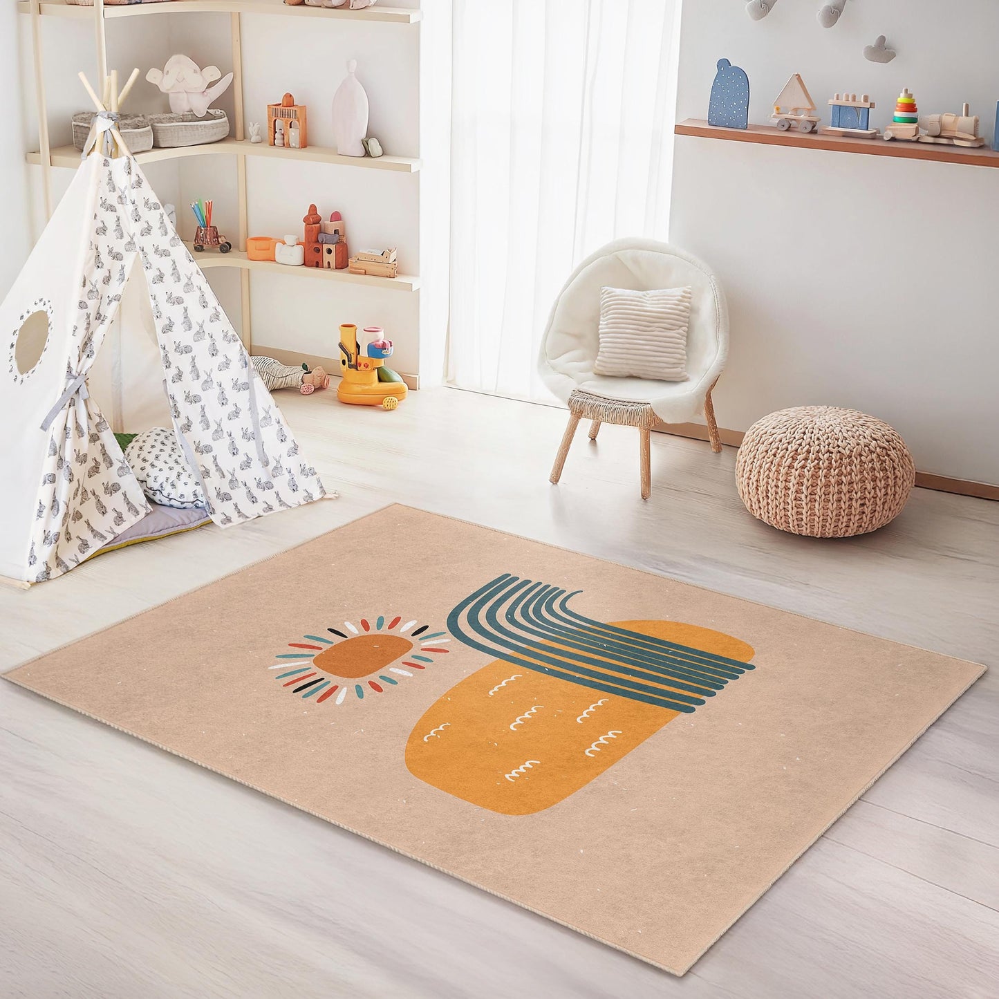 Sunshine Abstract Rectangular Kids Rug, Colorful Kids Room Carpet, Playroom Decor, Nursery Area Rug, Modern Kids Rug