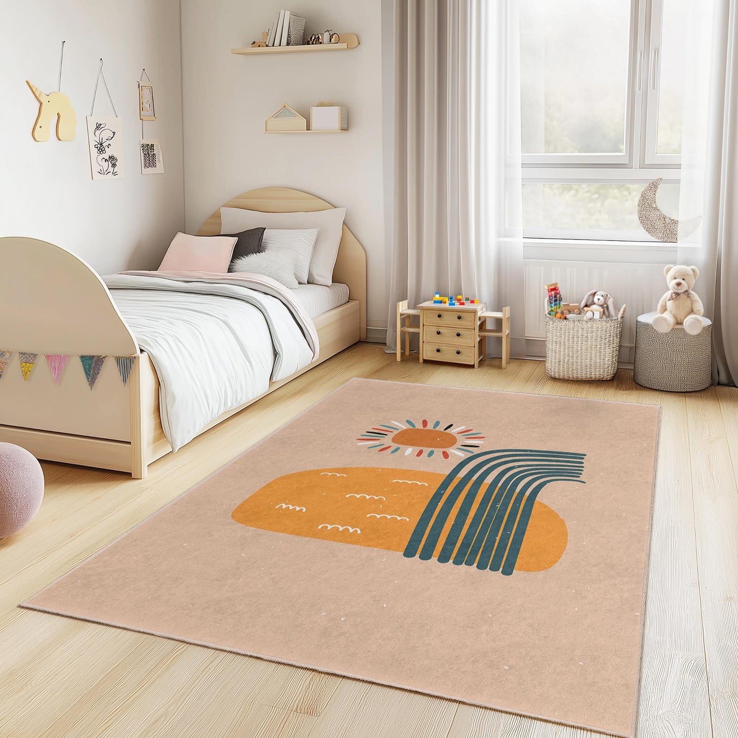 Sunshine Abstract Rectangular Kids Rug, Colorful Kids Room Carpet, Playroom Decor, Nursery Area Rug, Modern Kids Rug