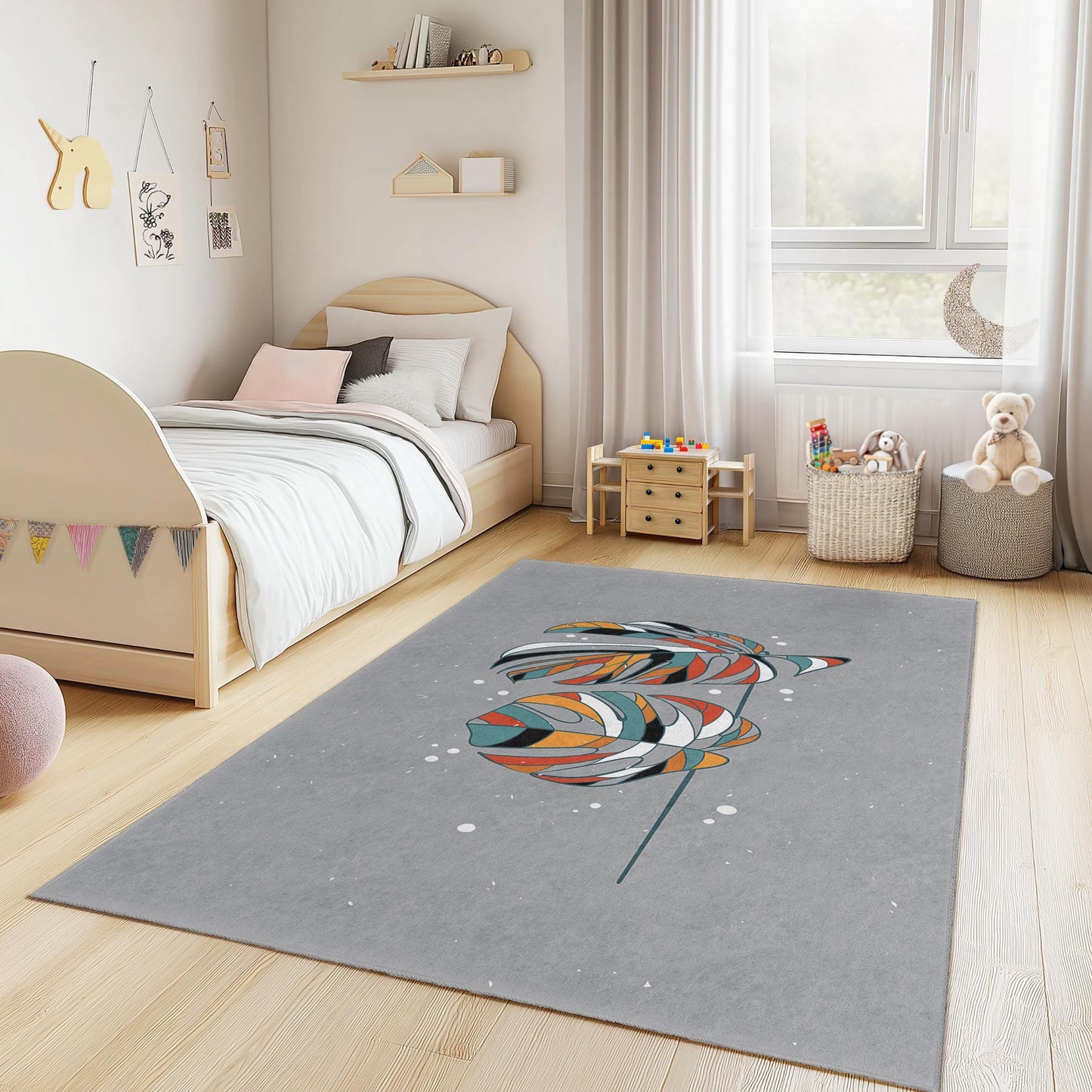 Colorful Monstera Leaf Rectangular Kids Rug, Tropical Plant Area Rug, Nursery Decor, Kids Room Soft Carpet, Playful Design