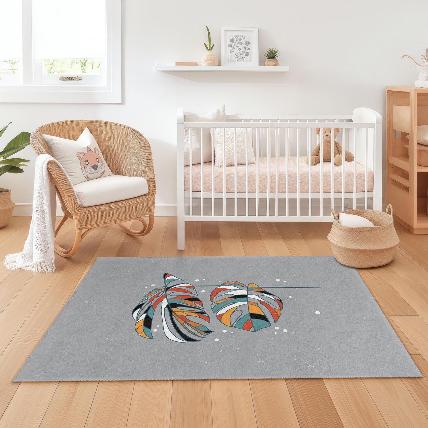 Colorful Monstera Leaf Rectangular Kids Rug, Tropical Plant Area Rug, Nursery Decor, Kids Room Soft Carpet, Playful Design