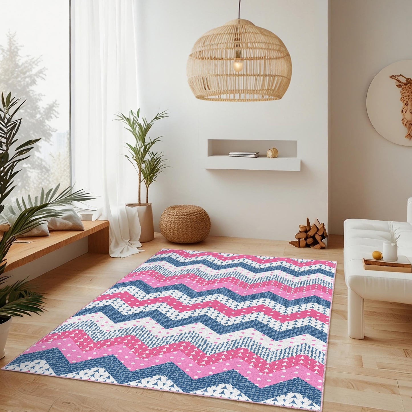 Chevron Pattern Rectangular Area Rug, Pink and Blue Zigzag Design, Stylish Carpet for Living Room or Bedroom, Modern Home Decor