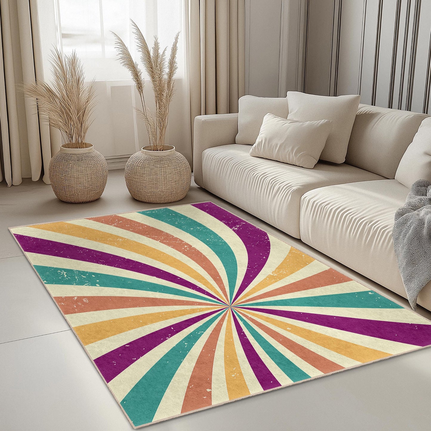 Colorful Swirl Pattern Rectangular Rug, Vibrant Retro Design Area Rug, Modern Living Room Carpet, Unique Home Decor