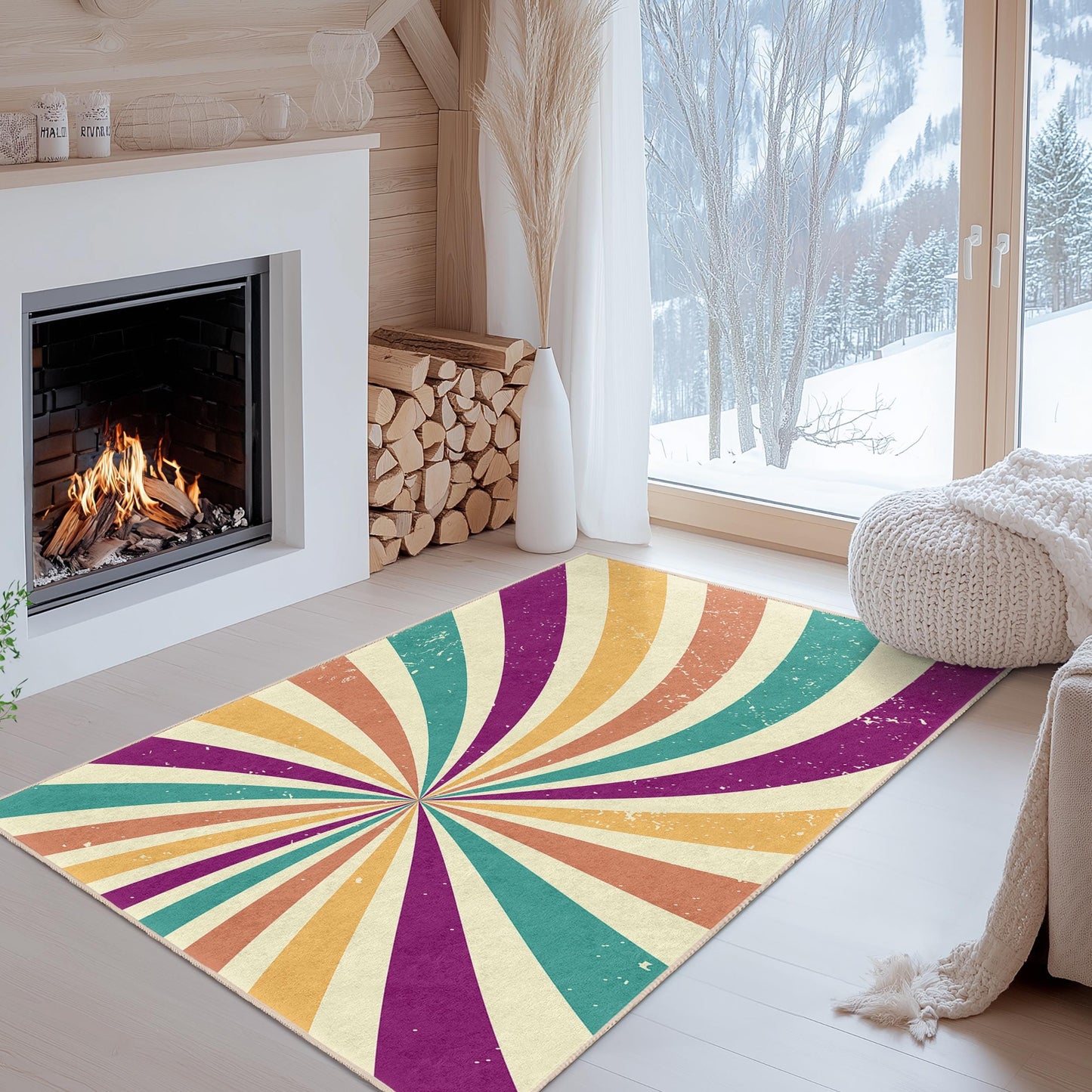 Colorful Swirl Pattern Rectangular Rug, Vibrant Retro Design Area Rug, Modern Living Room Carpet, Unique Home Decor