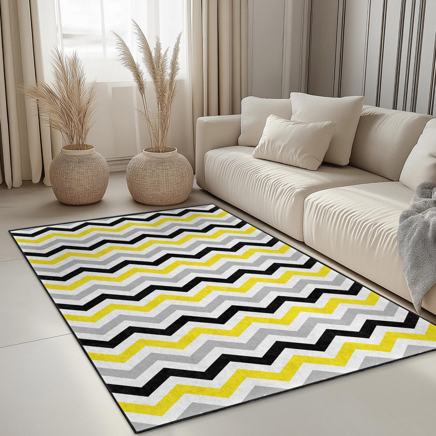 Chevron Pattern Rectangular Rug, Stylish Grey Yellow Black Rug, Modern Area Rug for Home Decor, Living Room Carpet, Contemporary Design