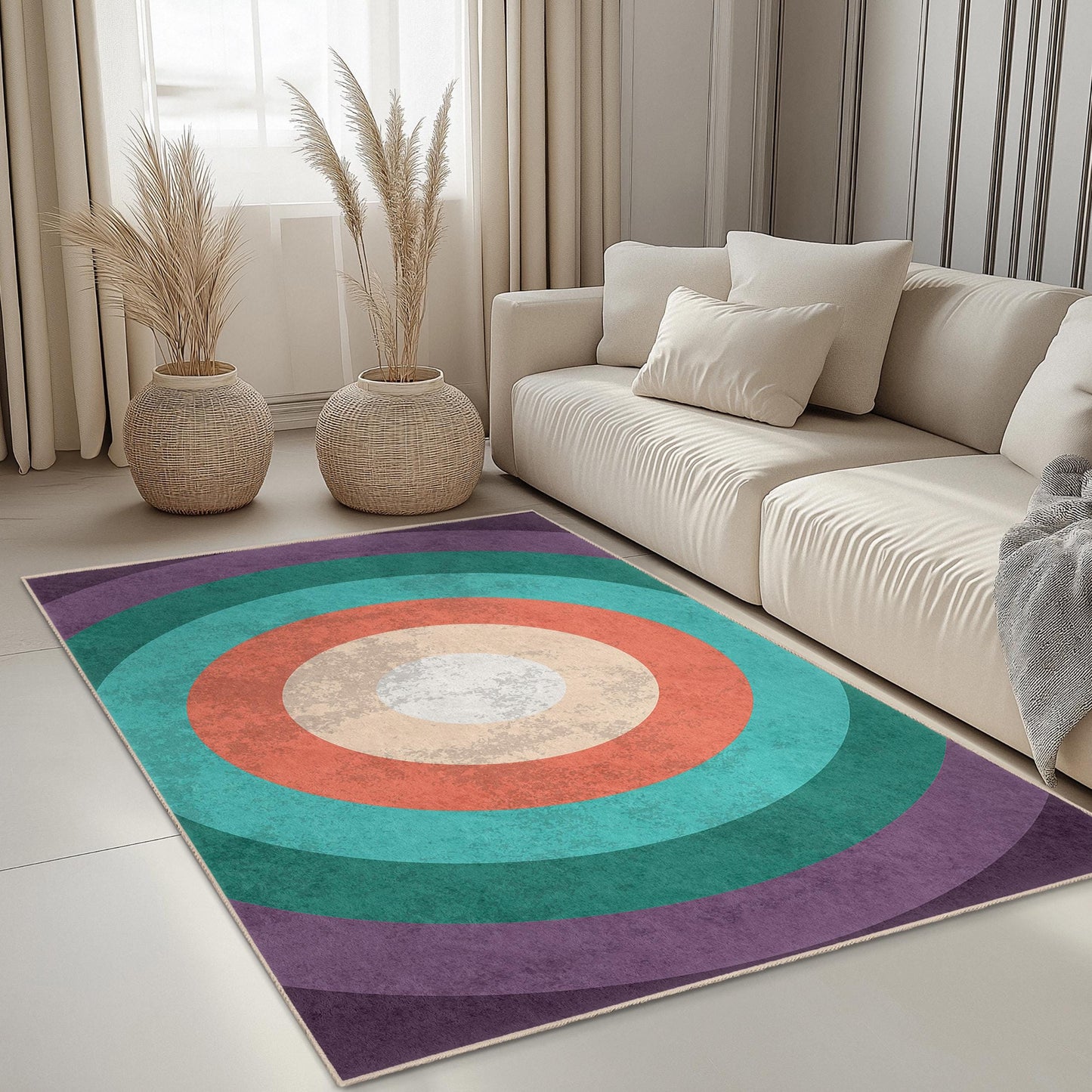 Colorful Circle Pattern Rectangular Rug, Bohemian Style Area Rug, Modern Living Room Carpet, Geometric Design Rug, Home Decor