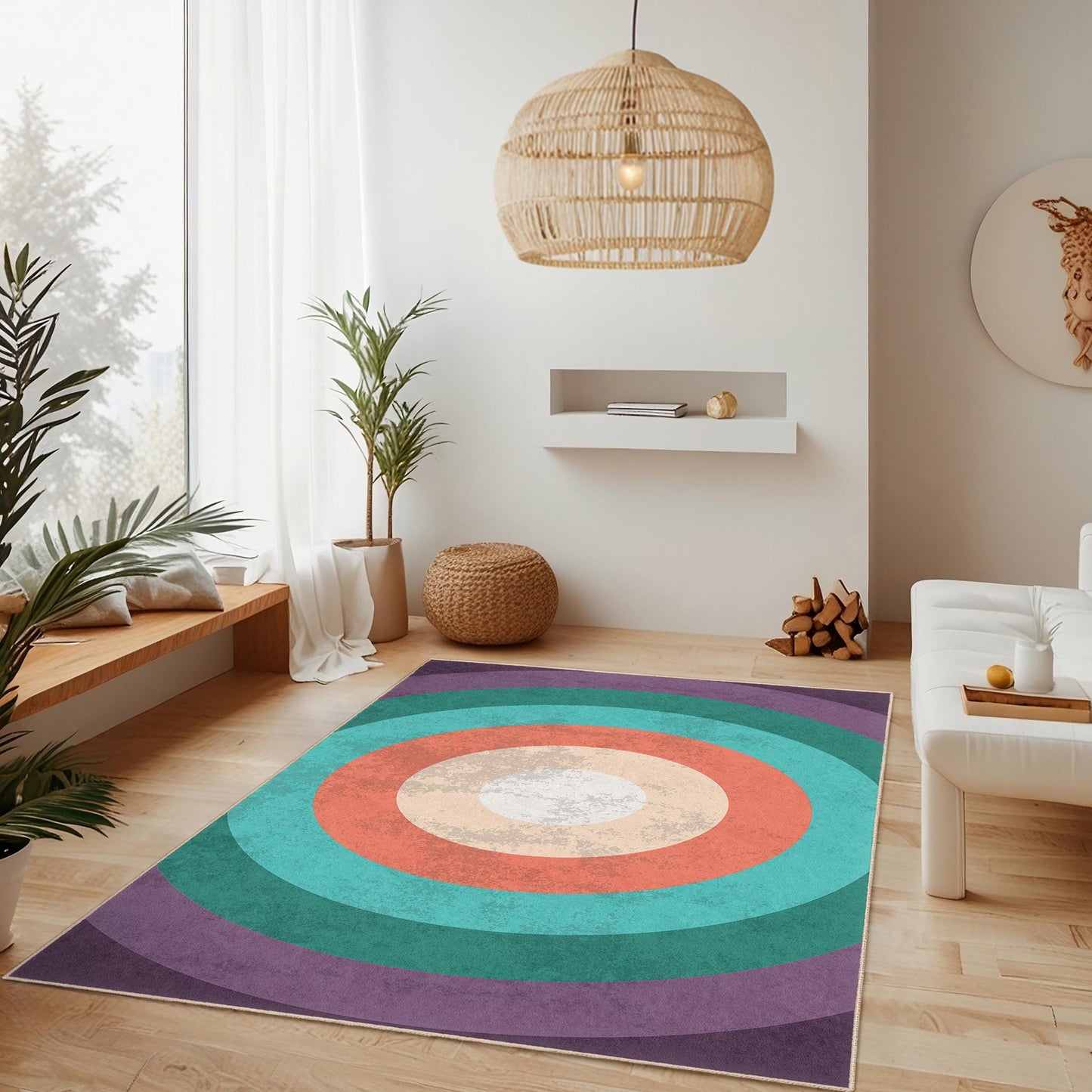 Colorful Circle Pattern Rectangular Rug, Bohemian Style Area Rug, Modern Living Room Carpet, Geometric Design Rug, Home Decor