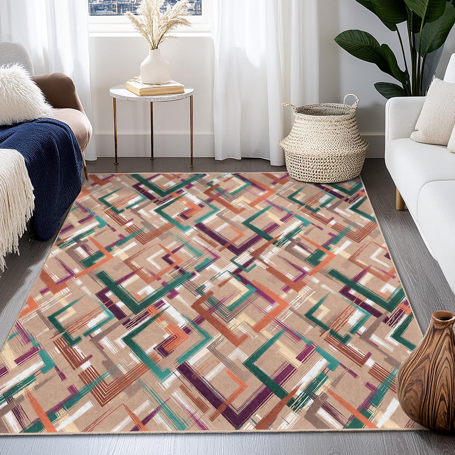 Geometric Pattern Rectangle Area Rug, Modern Design Living Room Carpet, Stylish Home Decor, Geometric Mat for Bedroom,Contemporary Floor Rug