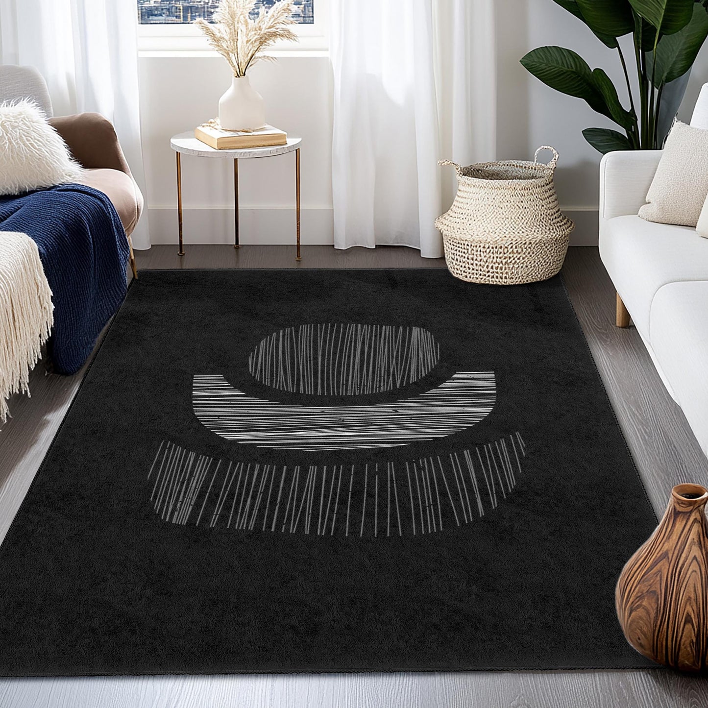 Abstract Black and White Rectangular Rug, Modern Minimalist Carpet, Chic Home Decor, Stylish Area Rug, Unique Floor Mat