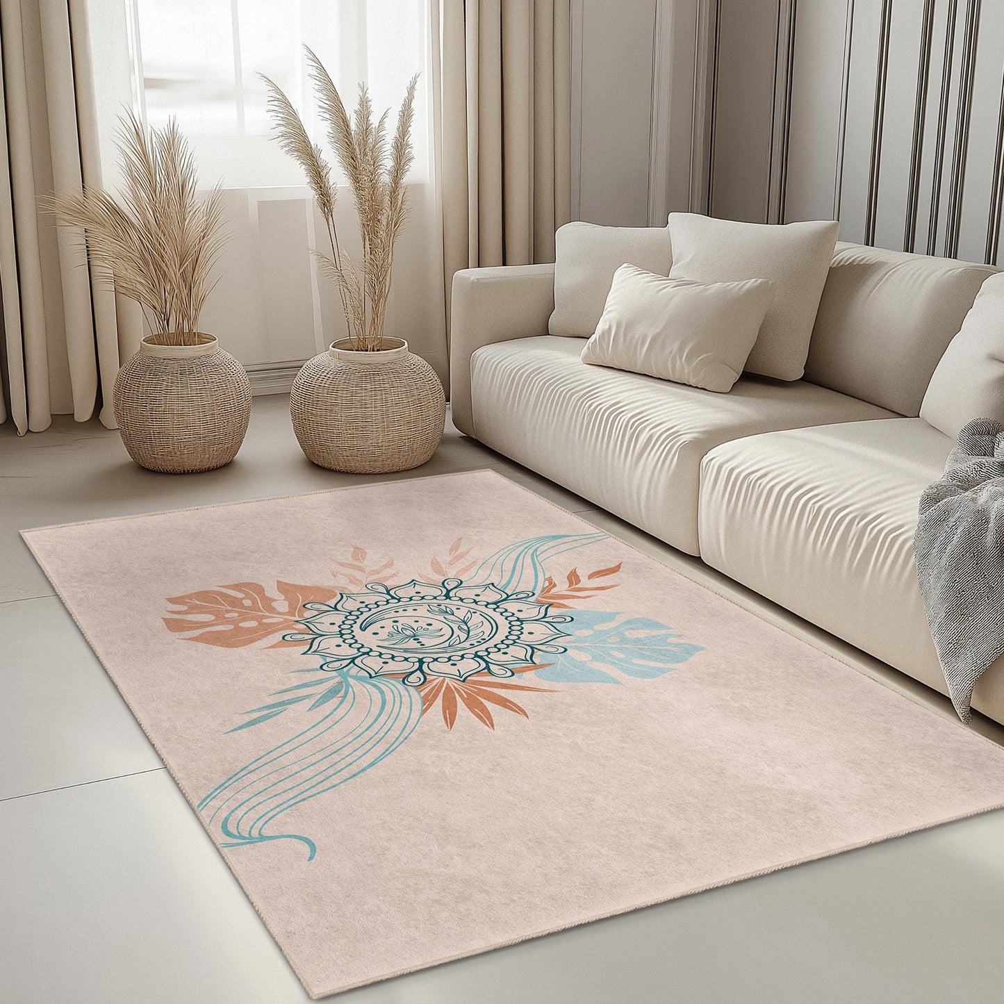 Elegant Floral Mandala Rectangular Rug, Boho Chic Area Rug, Decorative Floor Mat for Living Room, Bedroom, or Office