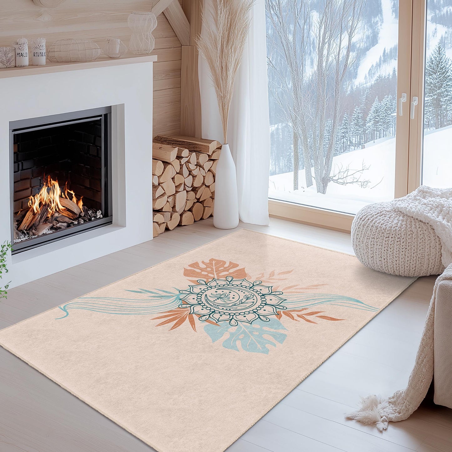 Elegant Floral Mandala Rectangular Rug, Boho Chic Area Rug, Decorative Floor Mat for Living Room, Bedroom, or Office