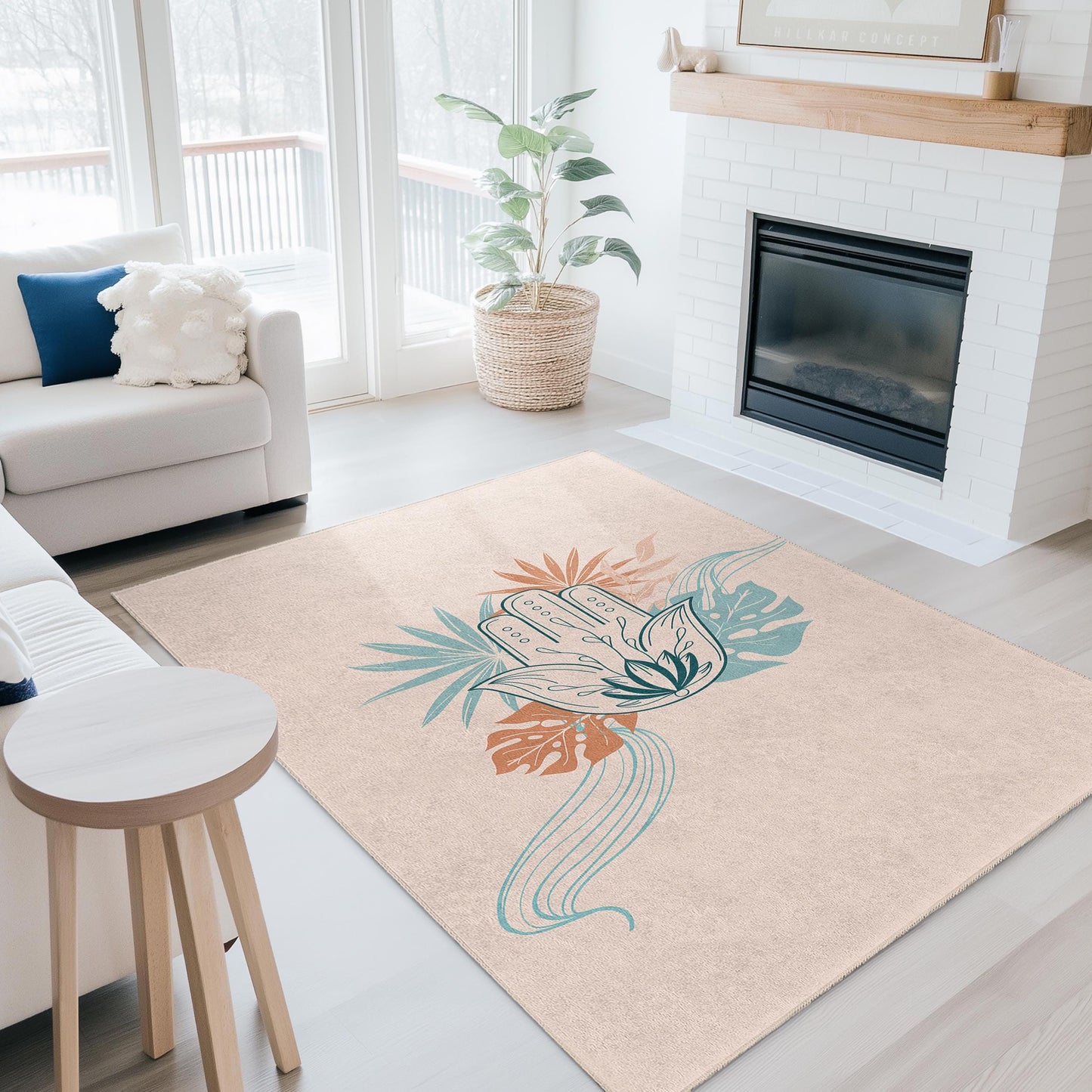Bohemian Hand and Leaf Pattern Rectangular Rug, Decorative Living Room Rug, Unique Area Rug, Floral Design Carpet, Home Decor
