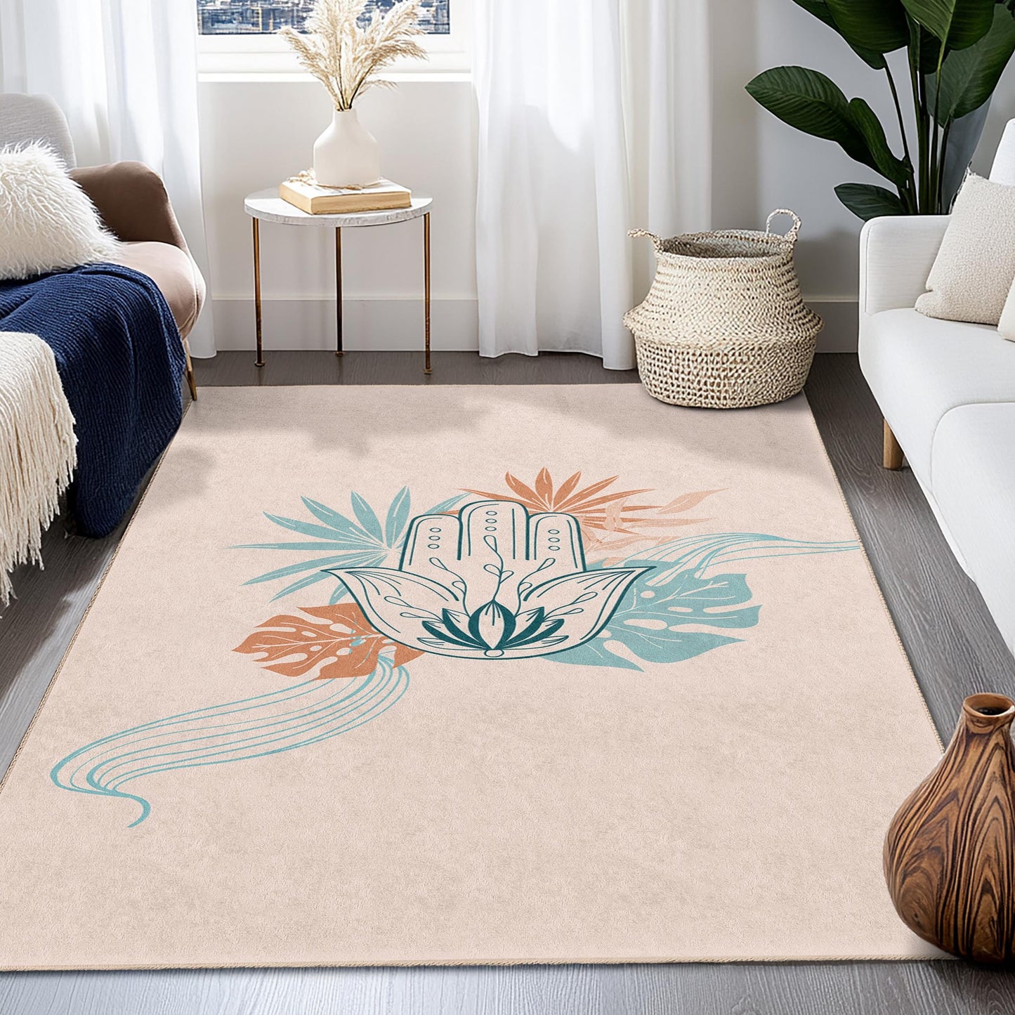 Bohemian Hand and Leaf Pattern Rectangular Rug, Decorative Living Room Rug, Unique Area Rug, Floral Design Carpet, Home Decor