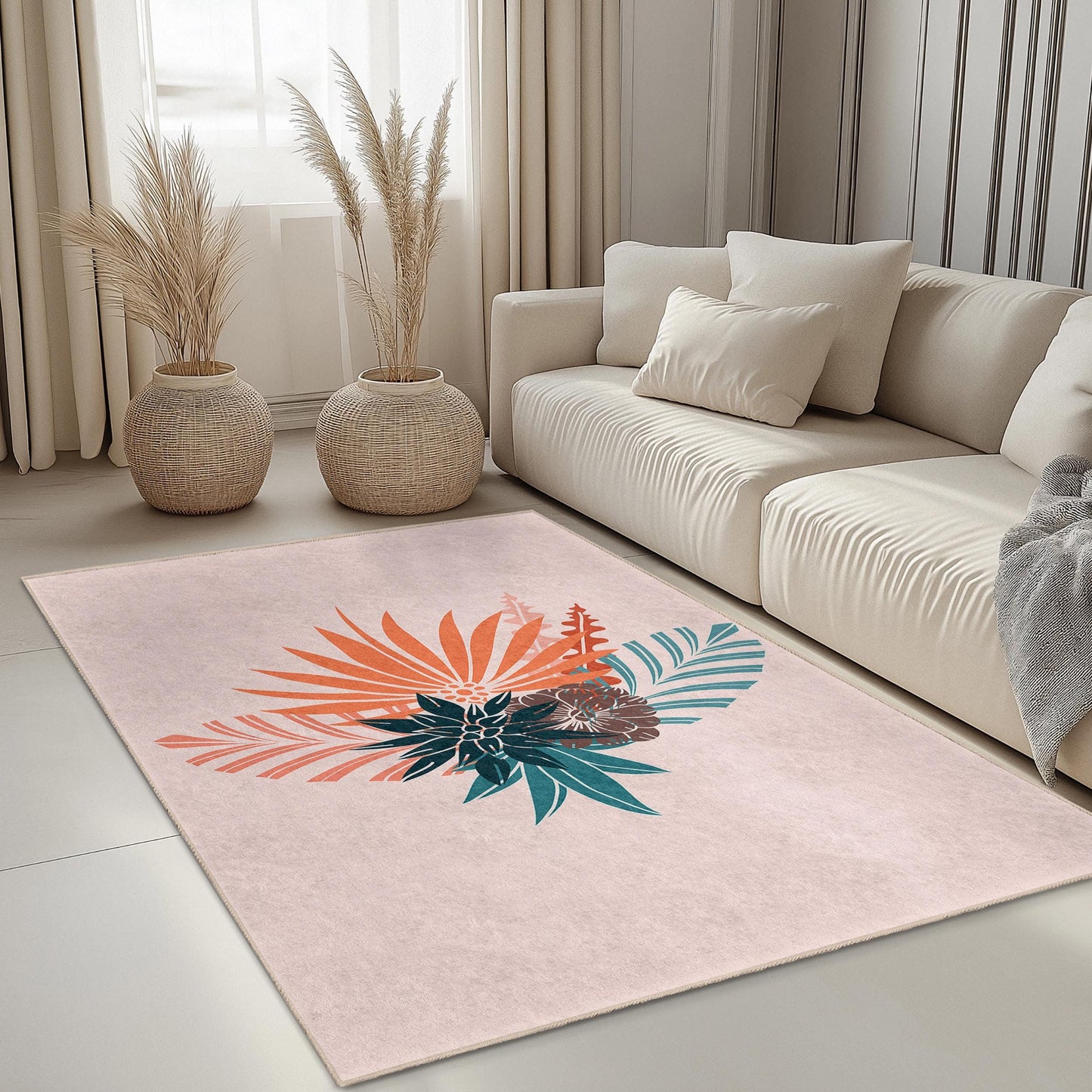 Tropical Floral Rectangular Area Rug, Modern Boho Decor, Indoor Living Room Carpet, Botanical Design Rug, Home Decoration