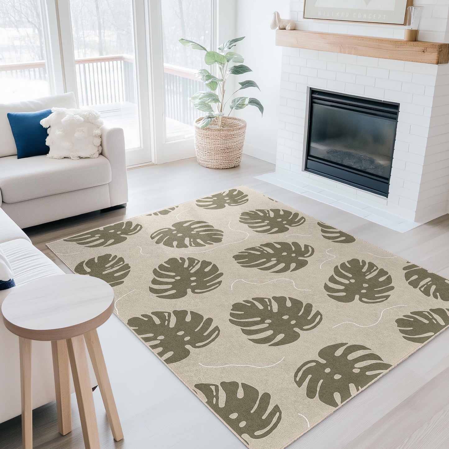 Leaf Pattern Modern Rectangle Rug, Botanical Decor, Indoor Area Rug, Living Room Carpet, Nature Inspired Design, Green Leaf Rug