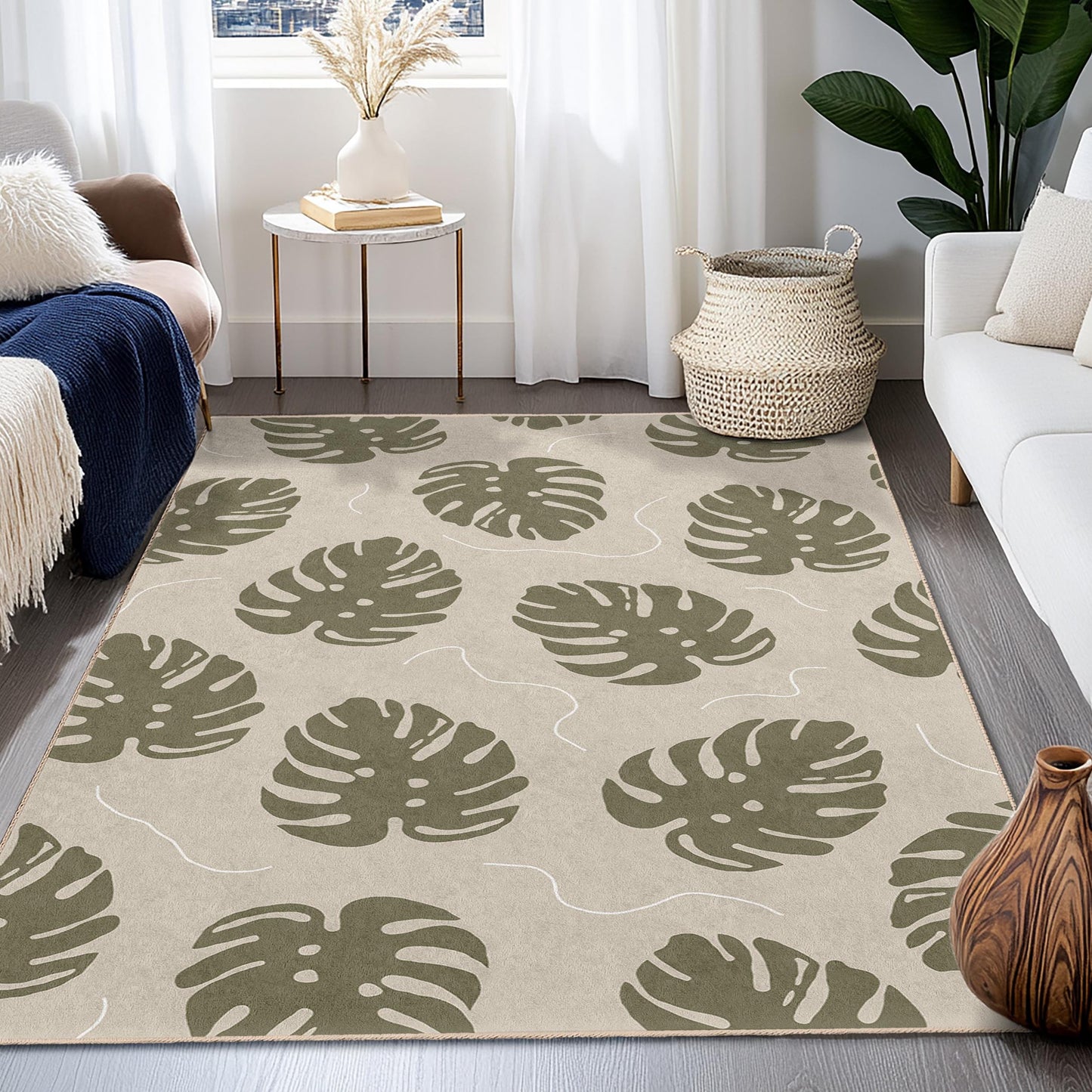 Leaf Pattern Modern Rectangle Rug, Botanical Decor, Indoor Area Rug, Living Room Carpet, Nature Inspired Design, Green Leaf Rug