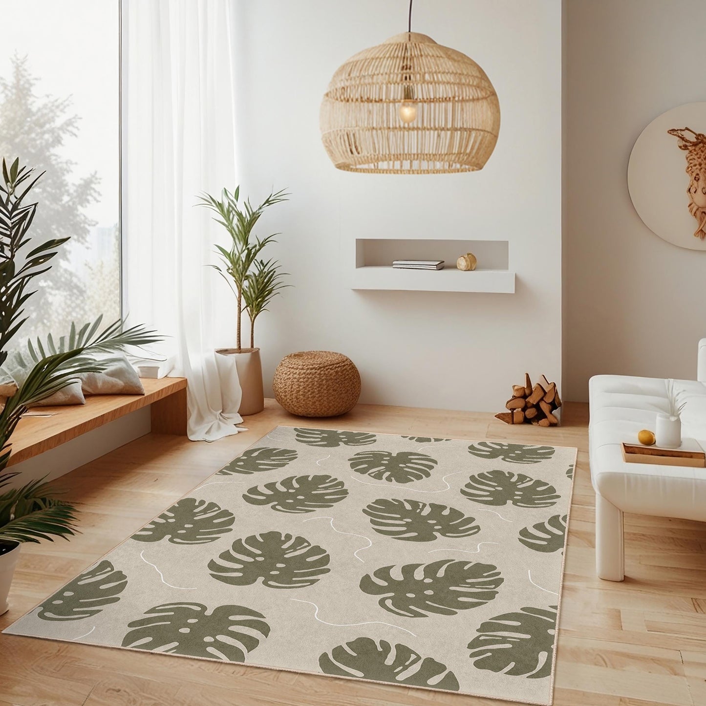 Leaf Pattern Modern Rectangle Rug, Botanical Decor, Indoor Area Rug, Living Room Carpet, Nature Inspired Design, Green Leaf Rug