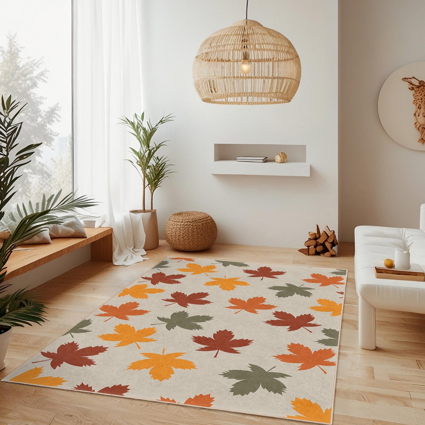 Autumn Leaves Rectangular Area Rug, Leaf Pattern Floor Mat, Seasonal Decor Rug, Nature Inspired Carpet for Living Room