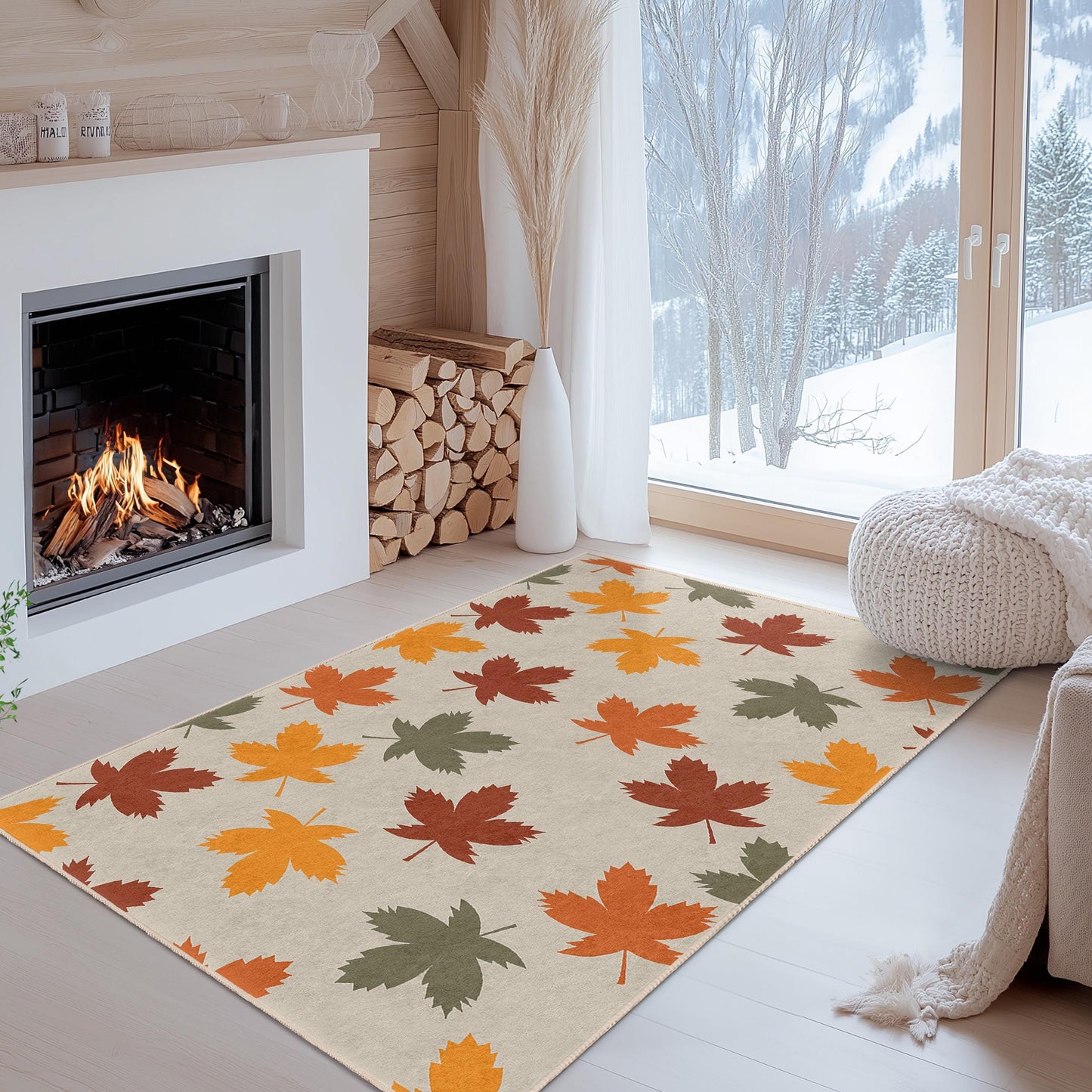 Autumn Leaves Rectangular Area Rug, Leaf Pattern Floor Mat, Seasonal Decor Rug, Nature Inspired Carpet for Living Room